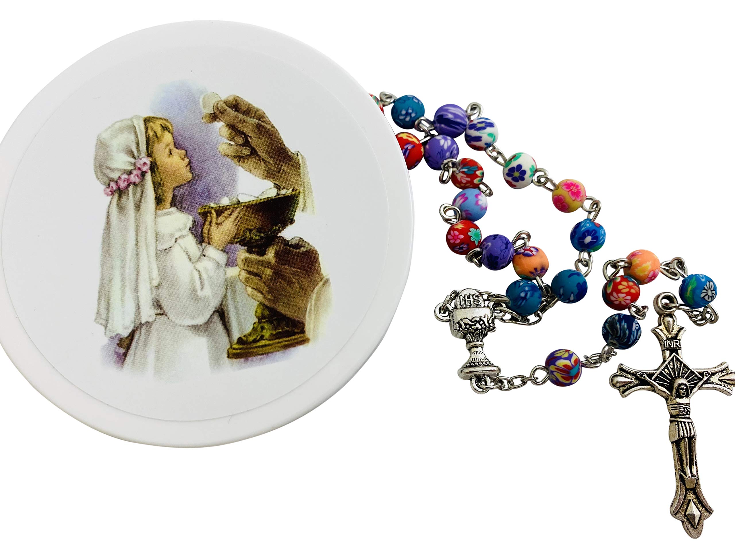 Westmon Works Girl's First Communion Rosary with Vibrant Multi-Colored Beads and Prayer Case Set