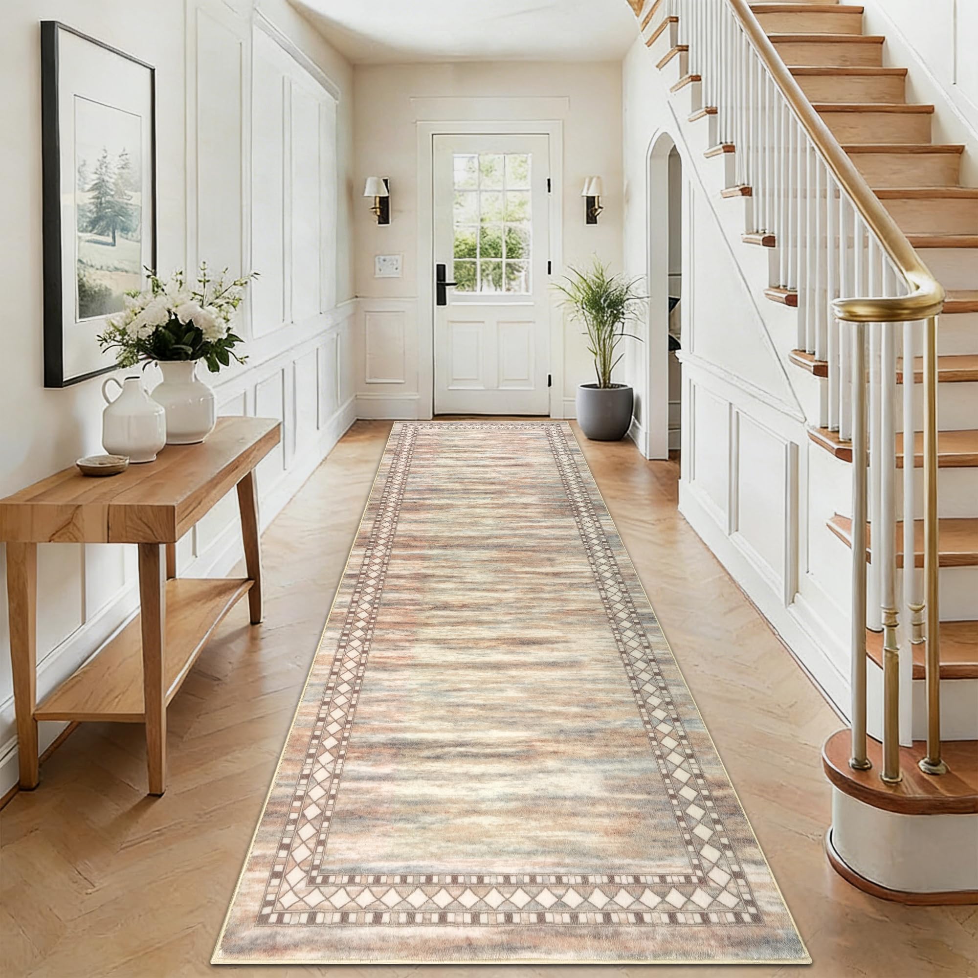 Homcomodar Flur Teppich Beige 80X300cm Teppich Läufer Flur Morden Teppichläufer rutschfest Küchenläufer Waschbar für Küchen Hallway Schlafzimmer Eingang Wohnzimmer