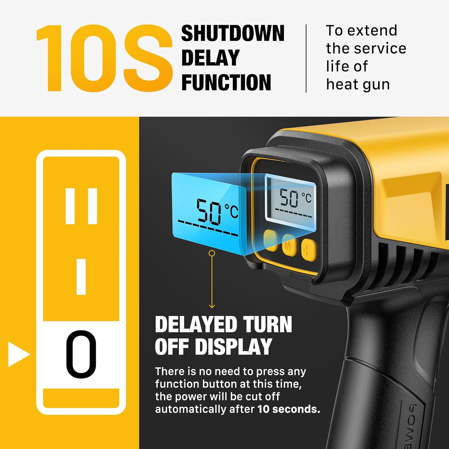 Heat gun with LCD display showing delayed turn off function
