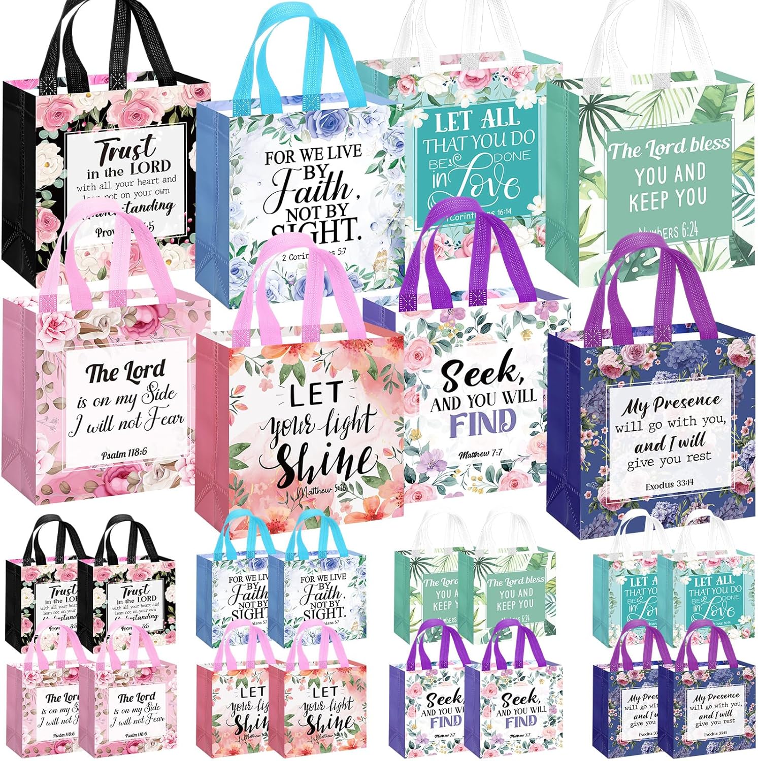 Riakrum 16 Pcs Religious Gift Bags Bulk for Women, Non Woven Christian Gift Bag with Handle, Reusable Flower Religious Baptism Bible Verse Tote for Catholic Theme Party Favors