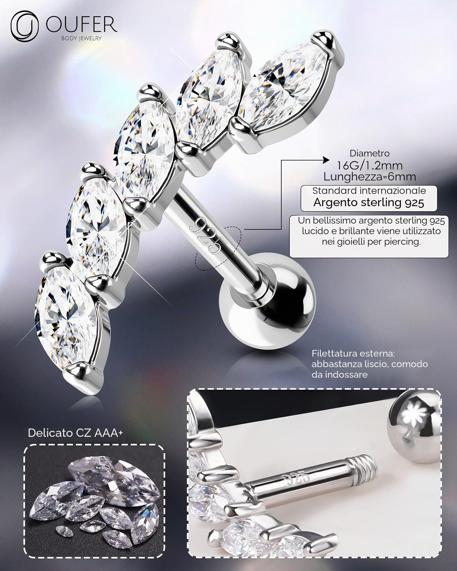 OUFER Helix Piercings Jewellery - Piercing a forma di conchiglia, in argento Sterling 925, per cartilagine e cartilagine, 16 G, AAA+, con zirconia cubica, regalo per donne e ragazze