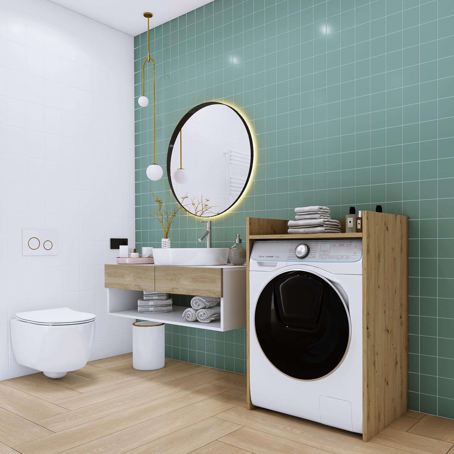 3xE living Armadio per Lavatrice su Piede Durevole con Mensola - Bagno Artigiano Oak 64 cm x 97,5 cm x 50 cm, Colonna