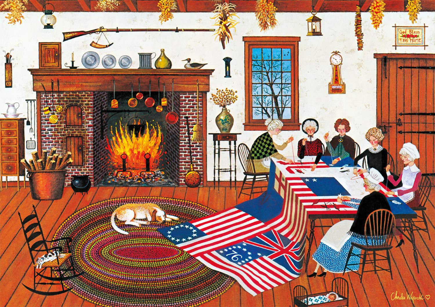 Charles Wysocki - The Quiltmakers - 300 Large Piece Jigsaw Puzzle, Red