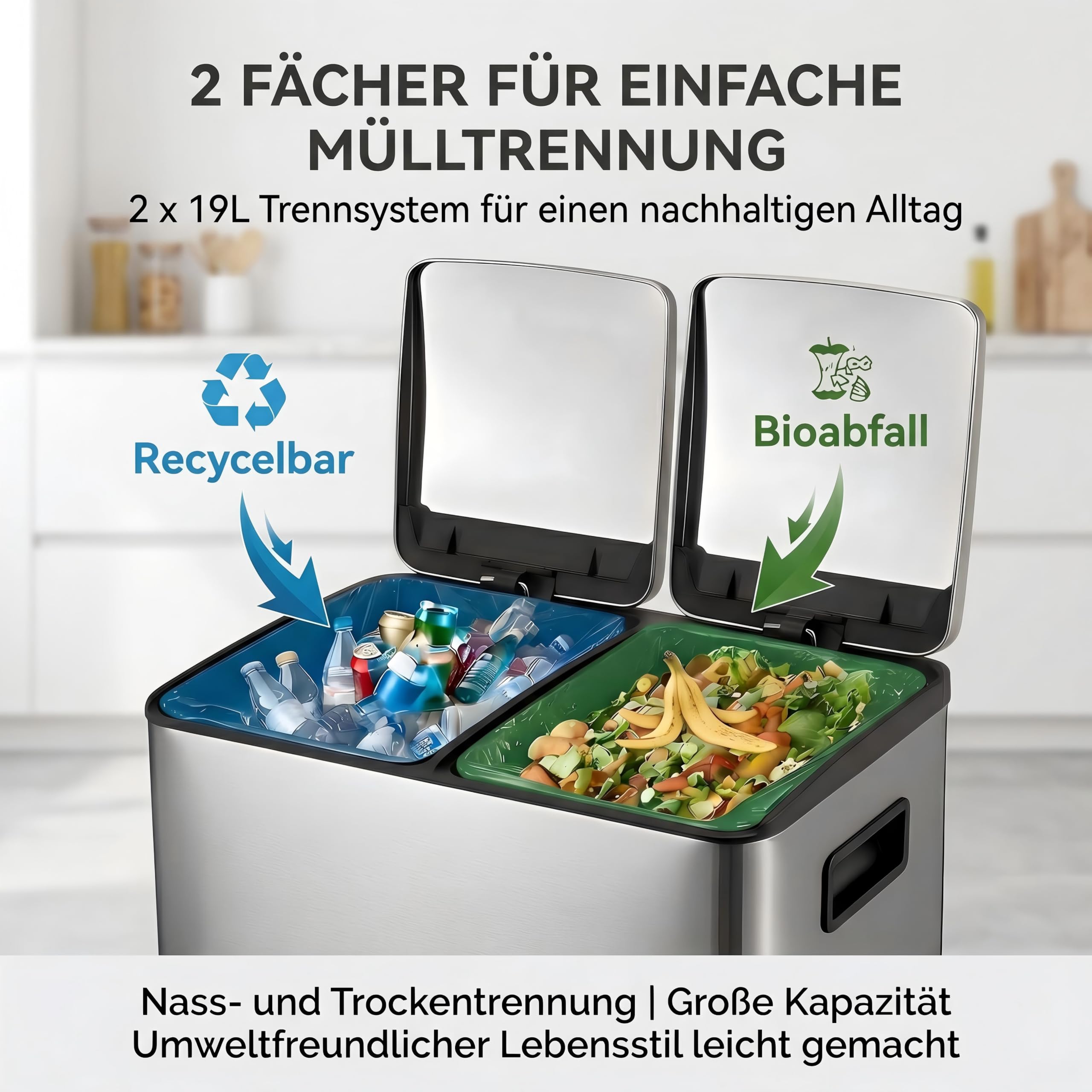 Mülleimer Küche 2 x 19 L(38L), Edelstahl Treteimer mit Deckel, Mülltrennsystem 2 Fächer, Abfalleimer mit Softclose, Fingerabdruckresistent, Pedaleimer mit Inneneimer für Küche Haushalt