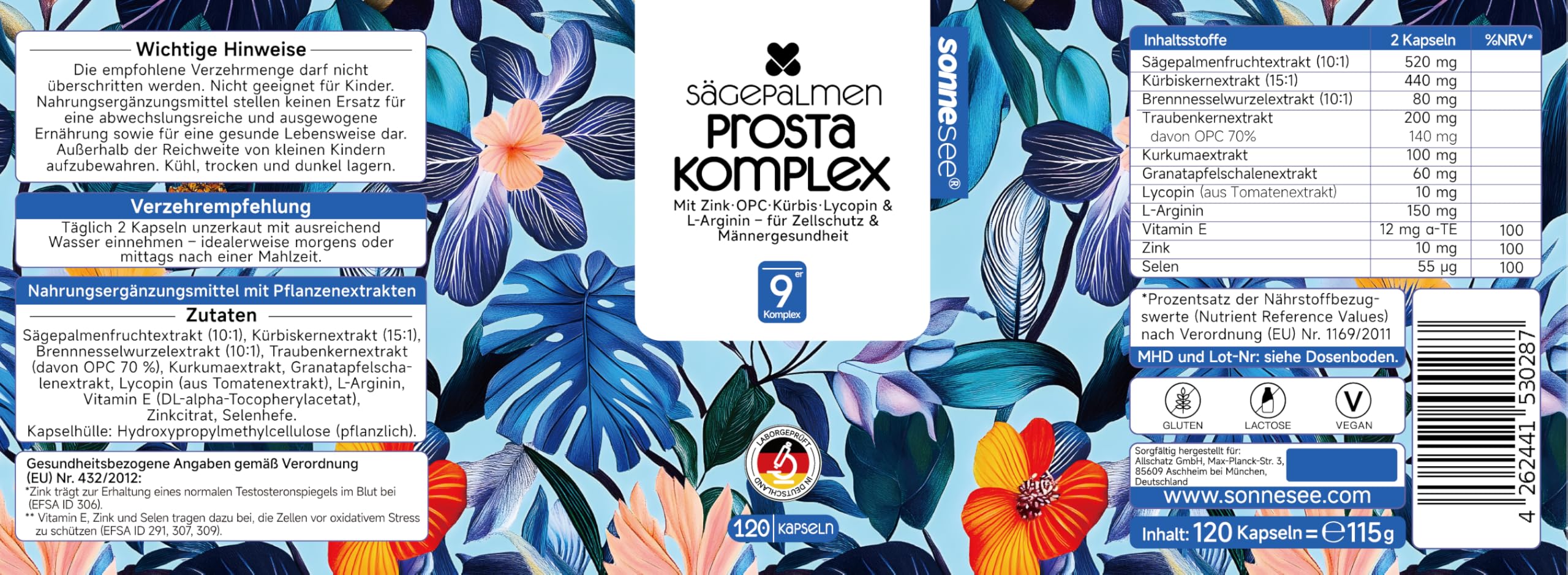 Sägepalmen Prosta 9-in-1 Komplex 120 Kapseln mit Kürbiskernextrakt 15:1, Brennnessel, OPC, Lycopin & L-Arginin – Hochdosiert mit Zink für Testosteronspiegel & Männergesundheit – Vegan
