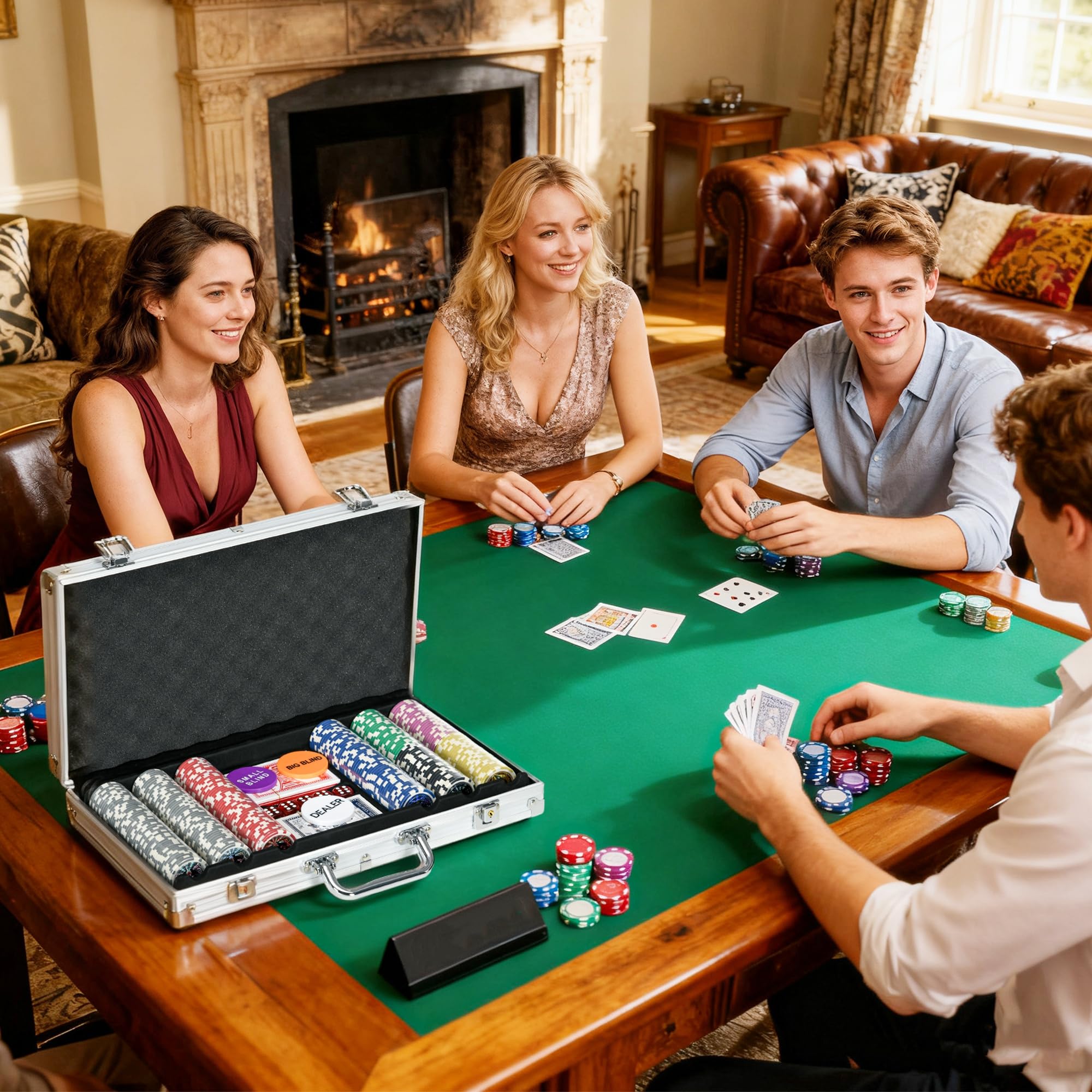 SPORTNOW Juego de Póker Profesional, Maletín de Póker de Aluminio con 300 Fichas de 11,5 g, 2 Barajas de Cartas, 5 Dados, Tapete y Botón de Crupier, para 7-8 Jugadores con Cerradura, Plateado