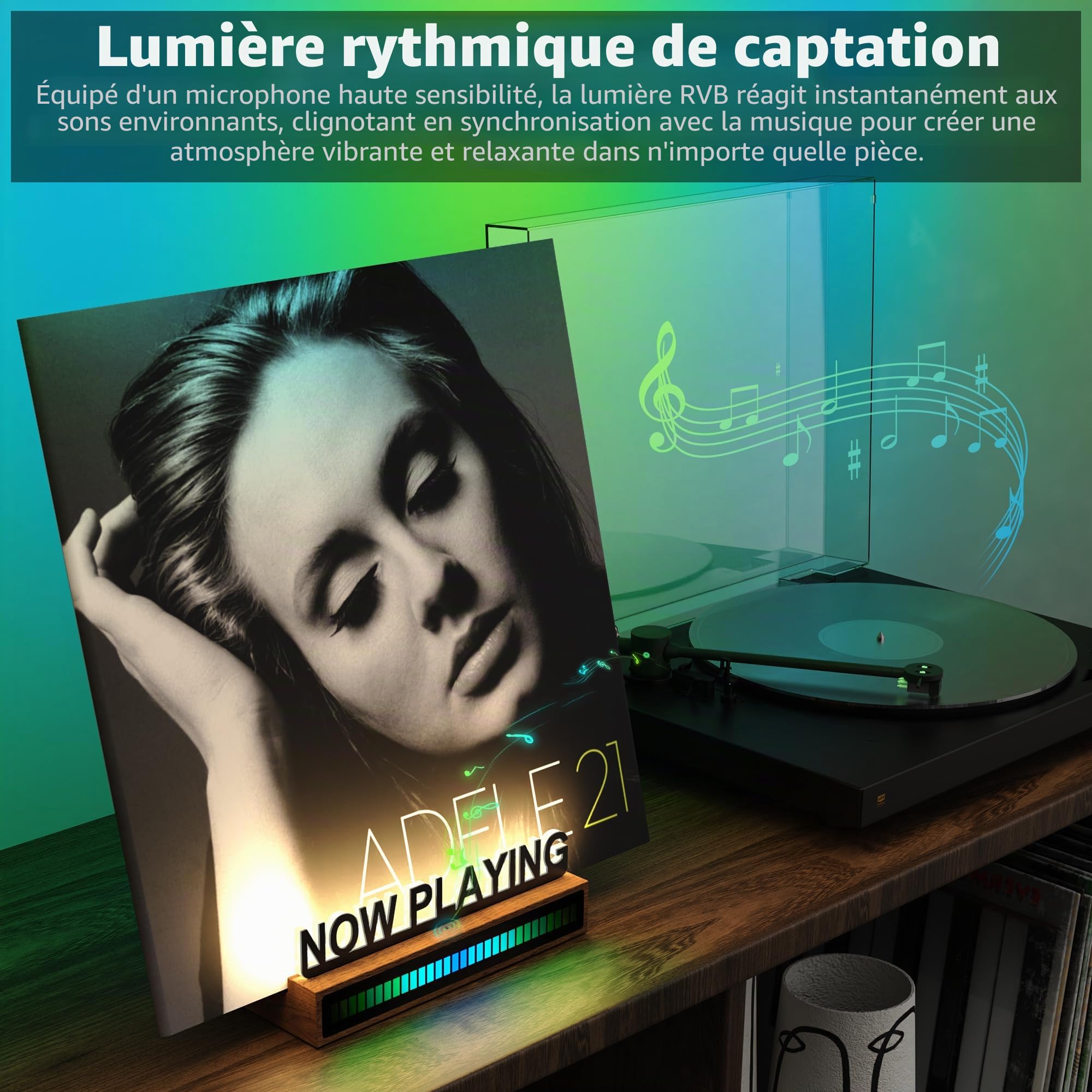 KORRTFID Now Playing Support de disque vinyle lumineux avec contrôle du son RVB, barre lumineuse du rythme de ramassage, lumière blanche chaude avec lettres acryliques anti-empreintes digitales