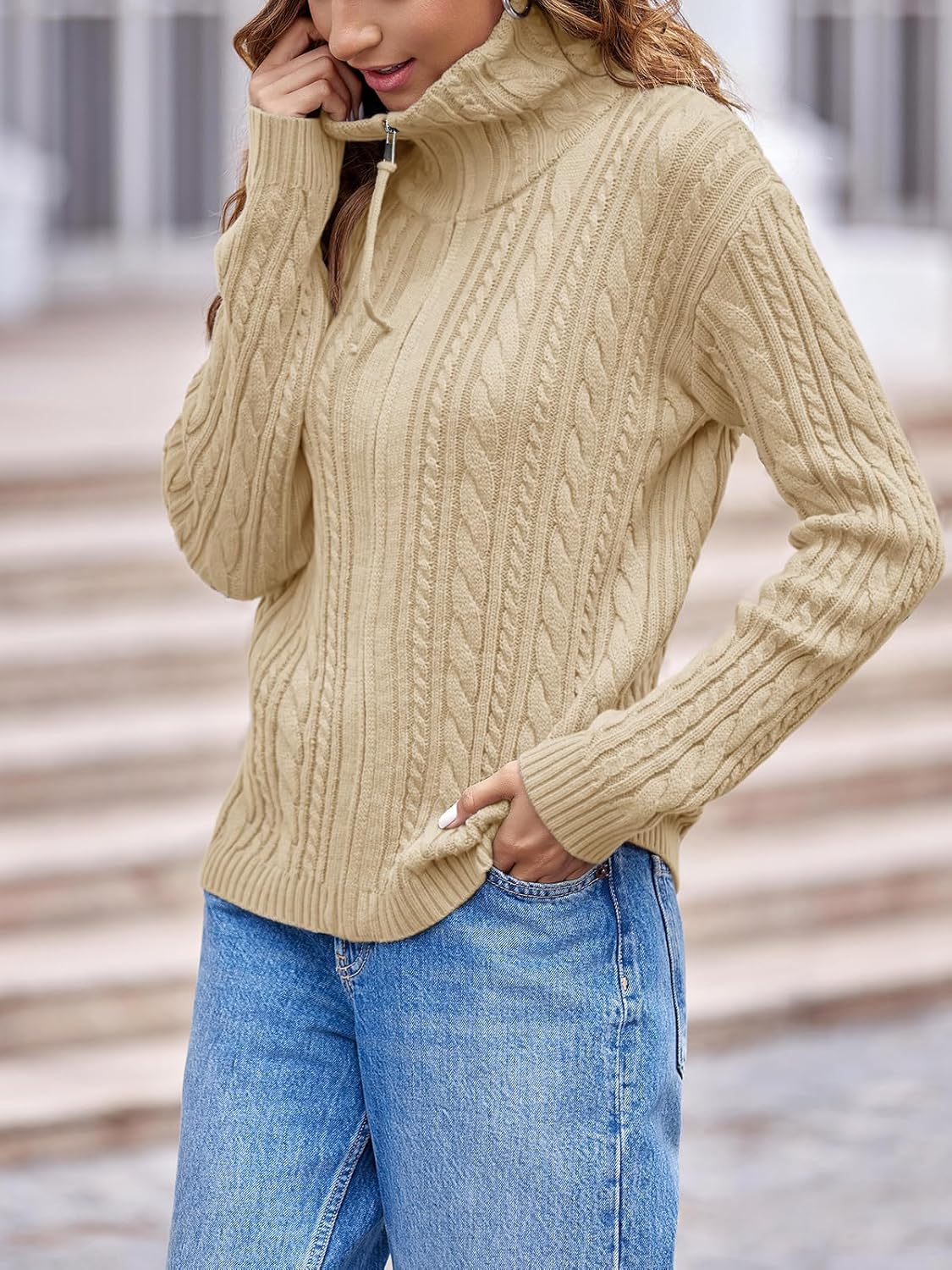 Saodimallsu Womens Cable Knit Cardigan Zip Up Collared Long Sleeve Vintage Sweater Loose Open Front Coats - Image 4