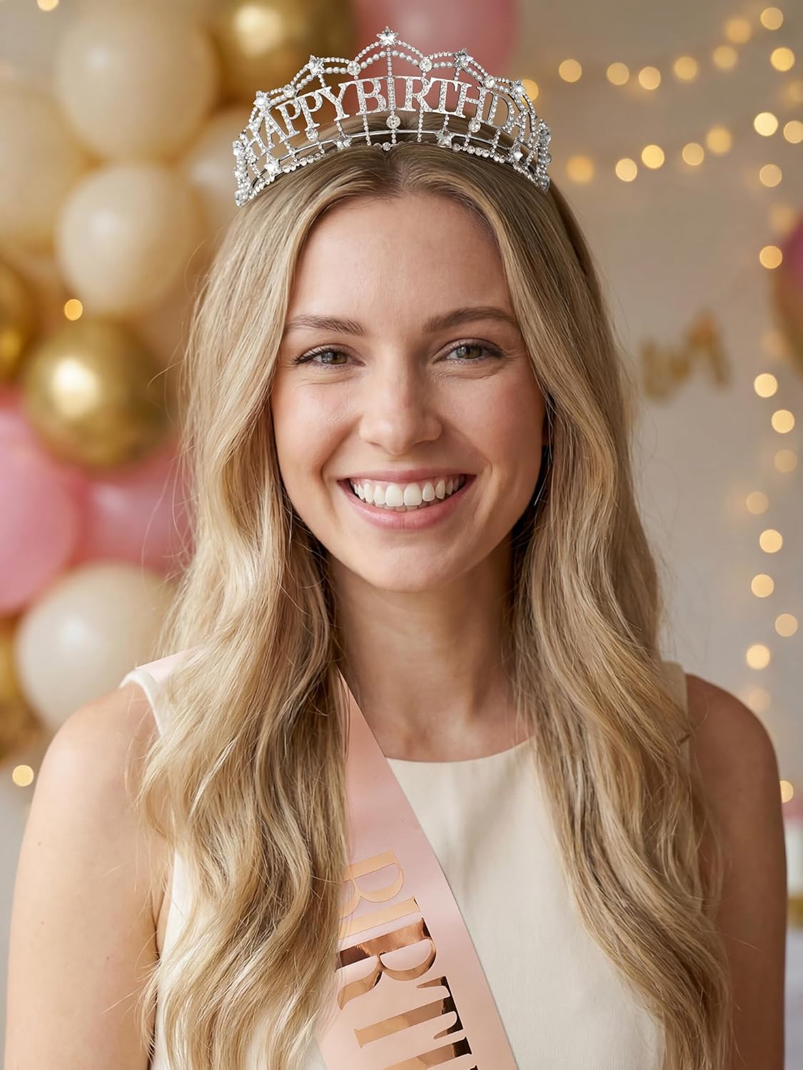 SWEETV For Your Day Birthday Crown for Women, Crystal Princess Tiara for Birthday Wedding Bachelorette Prom Party Cosplay