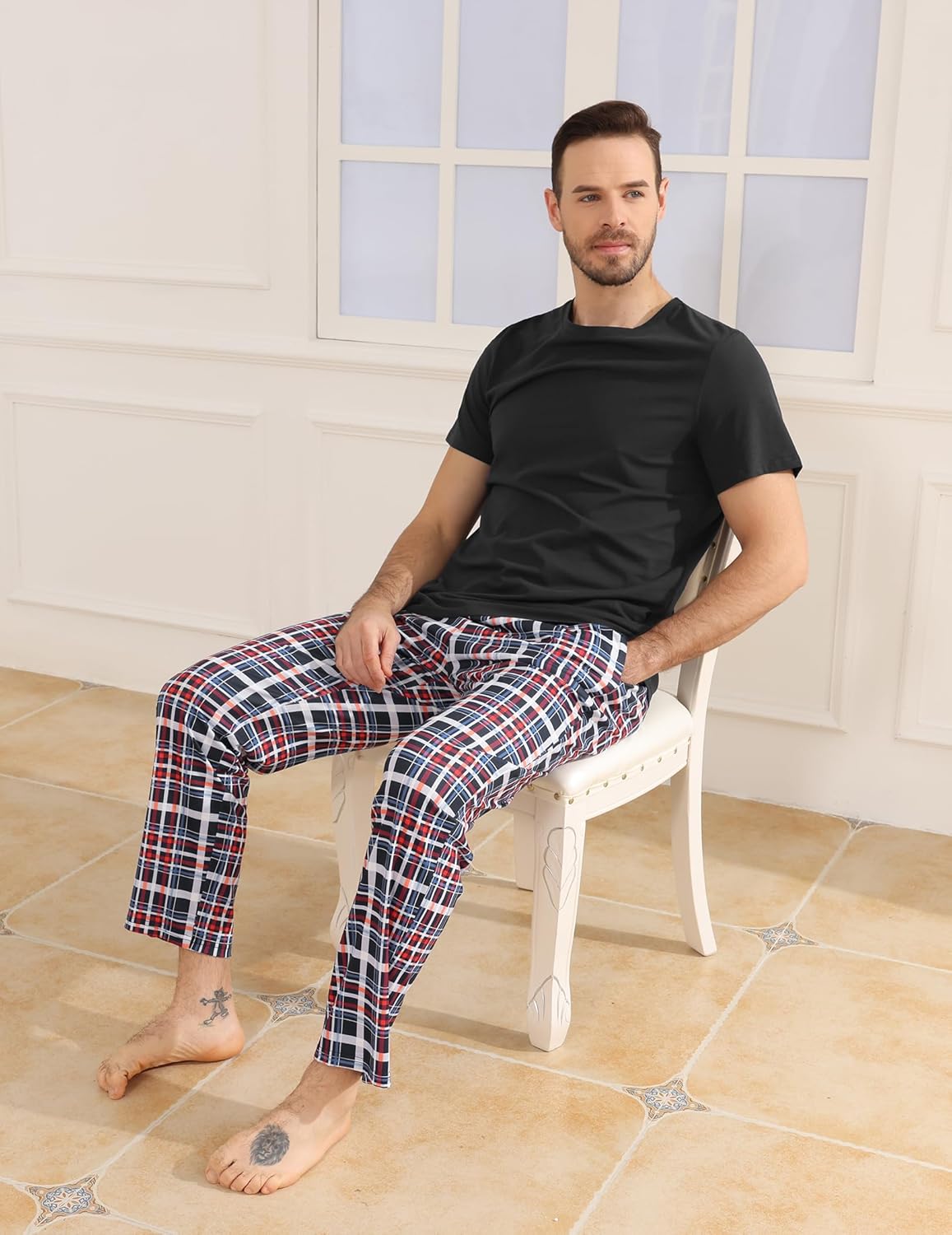 Mens Pajamas Set Cotton Short Sleeve and Plaid Long Pants Loungewear Sleepwear Set Soft Comfy 2 Piece Nightwear - Image 5