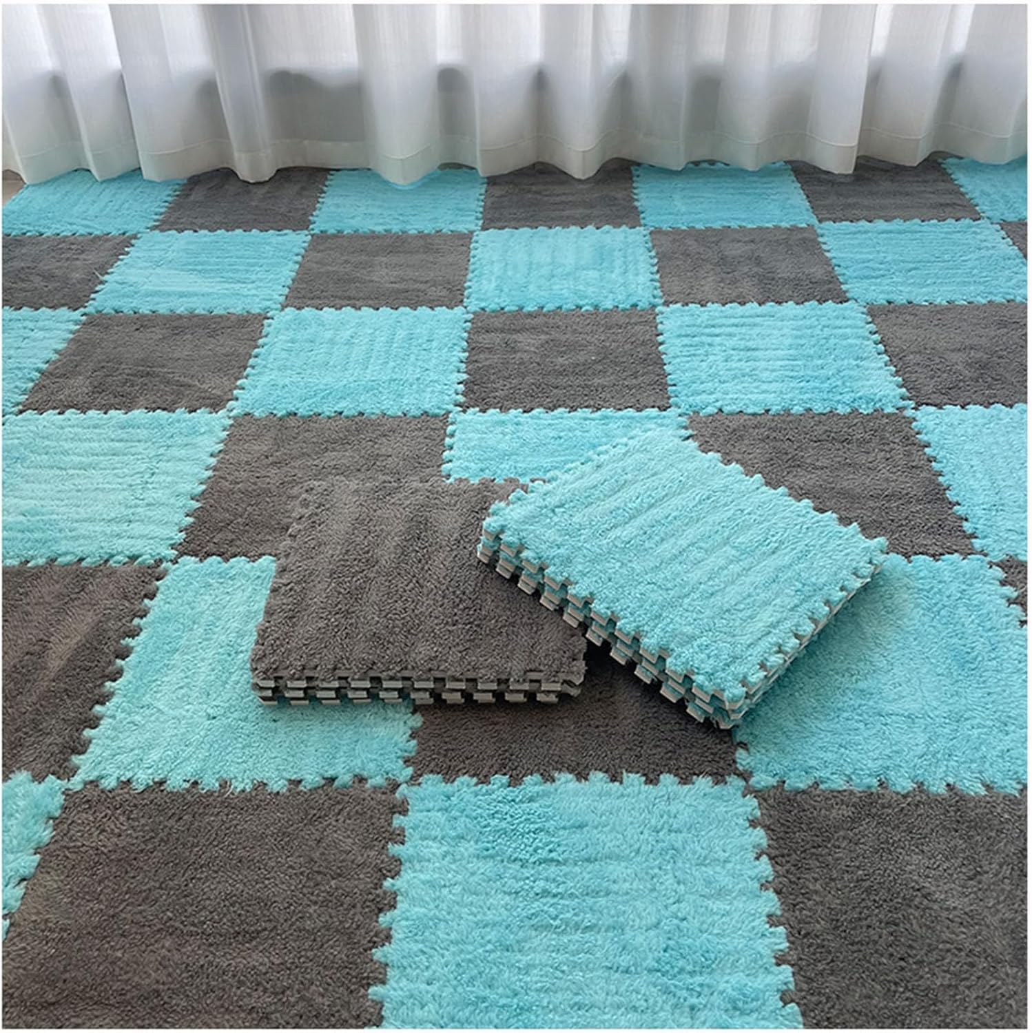 Maty podłogowe z pianki z blokadą, 30 x 30 cm, miękkie płytki puzzle, puszyste, szare i niebieskie, do pokoju zabaw, przedszkola, dekoracja domu, bezpieczny i nietoksyczny obszar zabaw