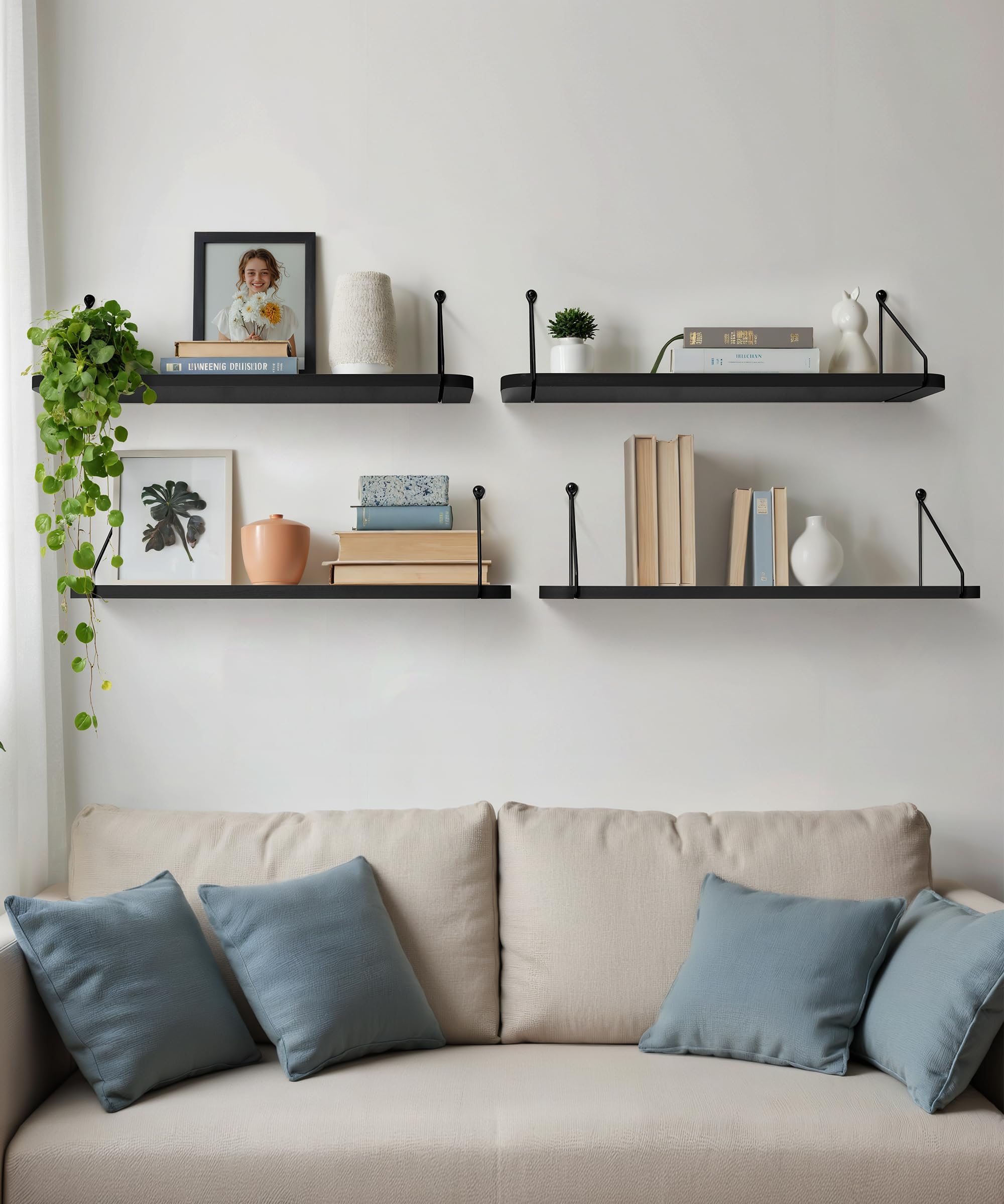Afuly Estantería de Pared Larga, Baldas de Madera Negra con Soporte Metal | 60cm Repisas de Pared Juego de 2, Balda, Almacenaje, Decoración, Balda Flotante para Fotos, Plantas, para Salón, Dormitorio