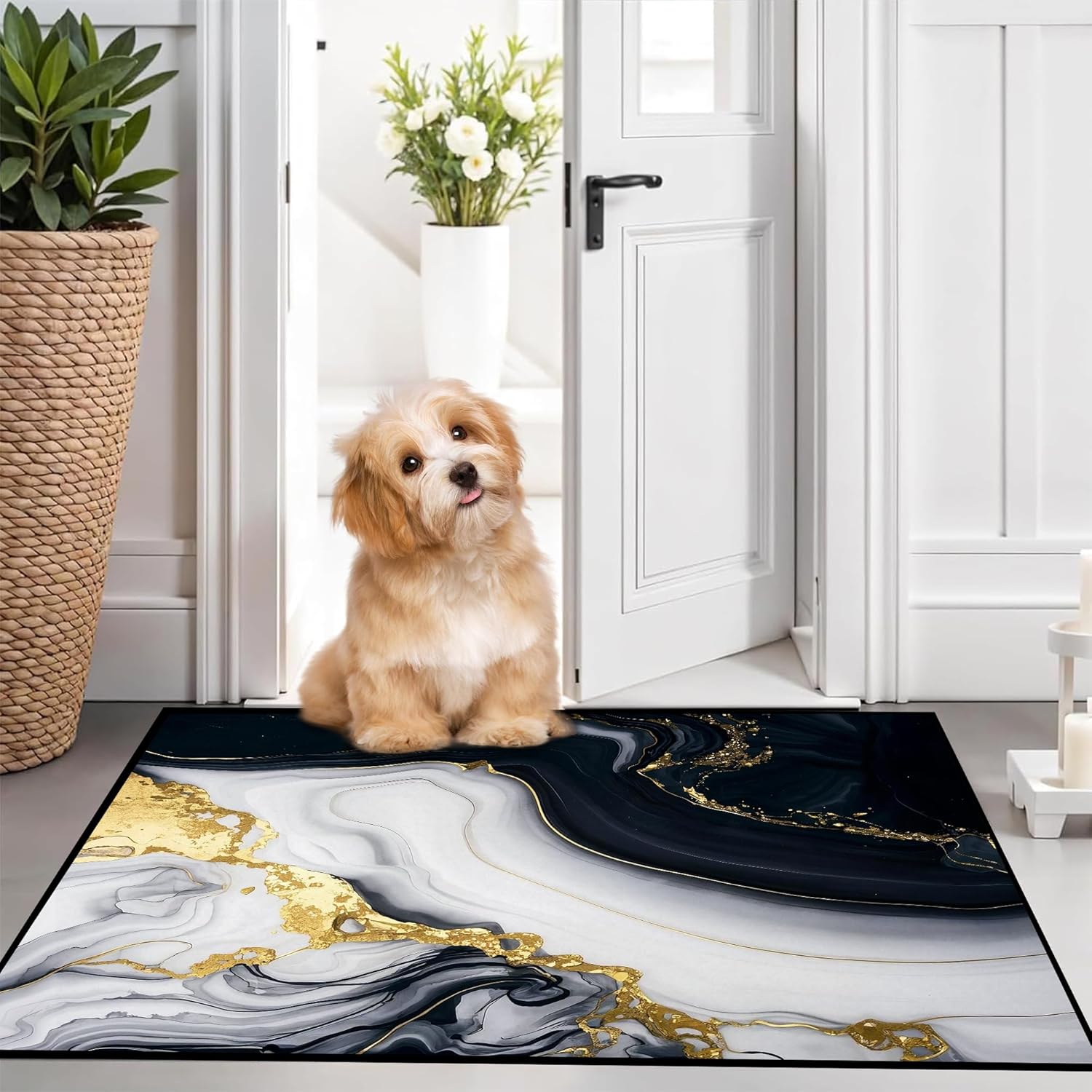 3D Marble Area Rug for Kids Boys, Black White Gold Marble Rug for Teens Boys Room, Navy Blue Doormat Kitchen Bathroom Playroom Washable Throw Rug Black Gold White Carpet Game Room Decor, 2' x 3'
