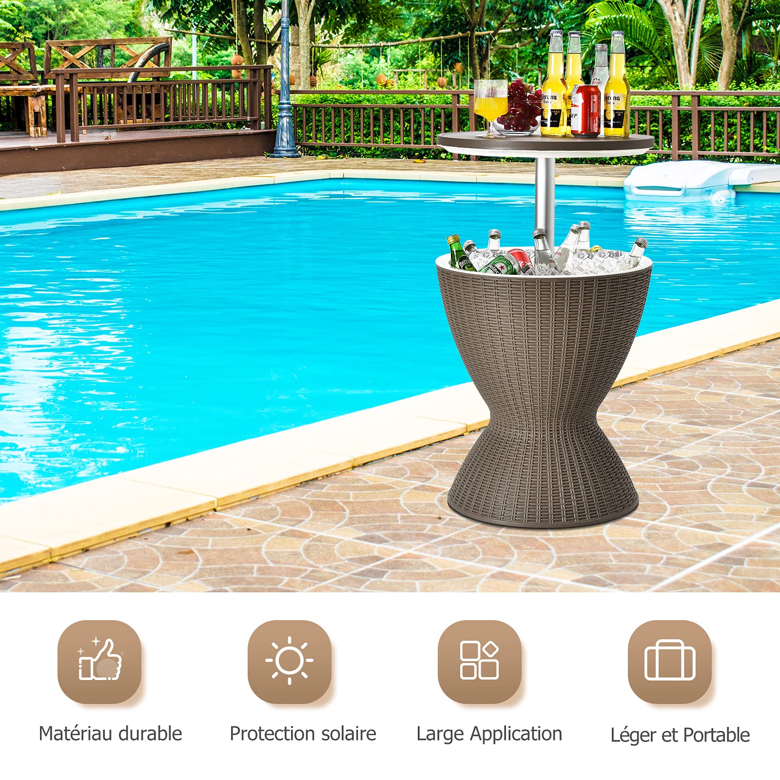 GOPLUS Cubo de Hielo 3 en 1 Ajustable en Altura con tapón de Vaciado, Mesa de Enfriador de Hielo, 30 l de Polipropileno y Mimbre Imitado, Mesa de jardín con Cuenco para Cubitos de Hielo para Playa