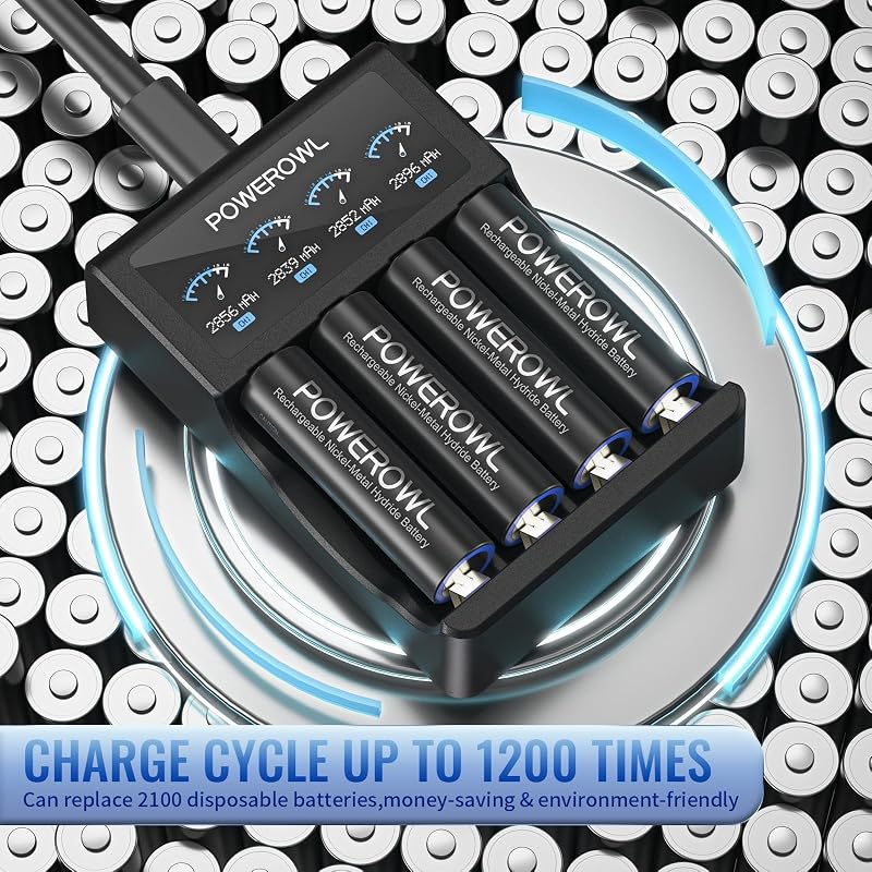 POWEROWL AA Újratölthető Elemek 8db - 2800 mAh Nagy Kapacitású Ni-MH Akkumulátor 1200 Töltési Ciklussal Távirányítókhoz, Játékokhoz, Lámpákh