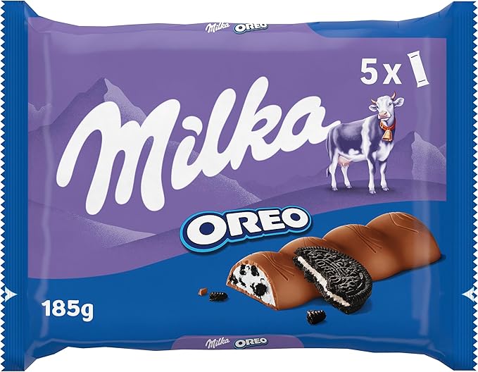 Milka Oreo, Barritas de Chocolate con Leche de los Alpes con Trozos de Galleta Oreo, Formato Bolsillo, 37 g
