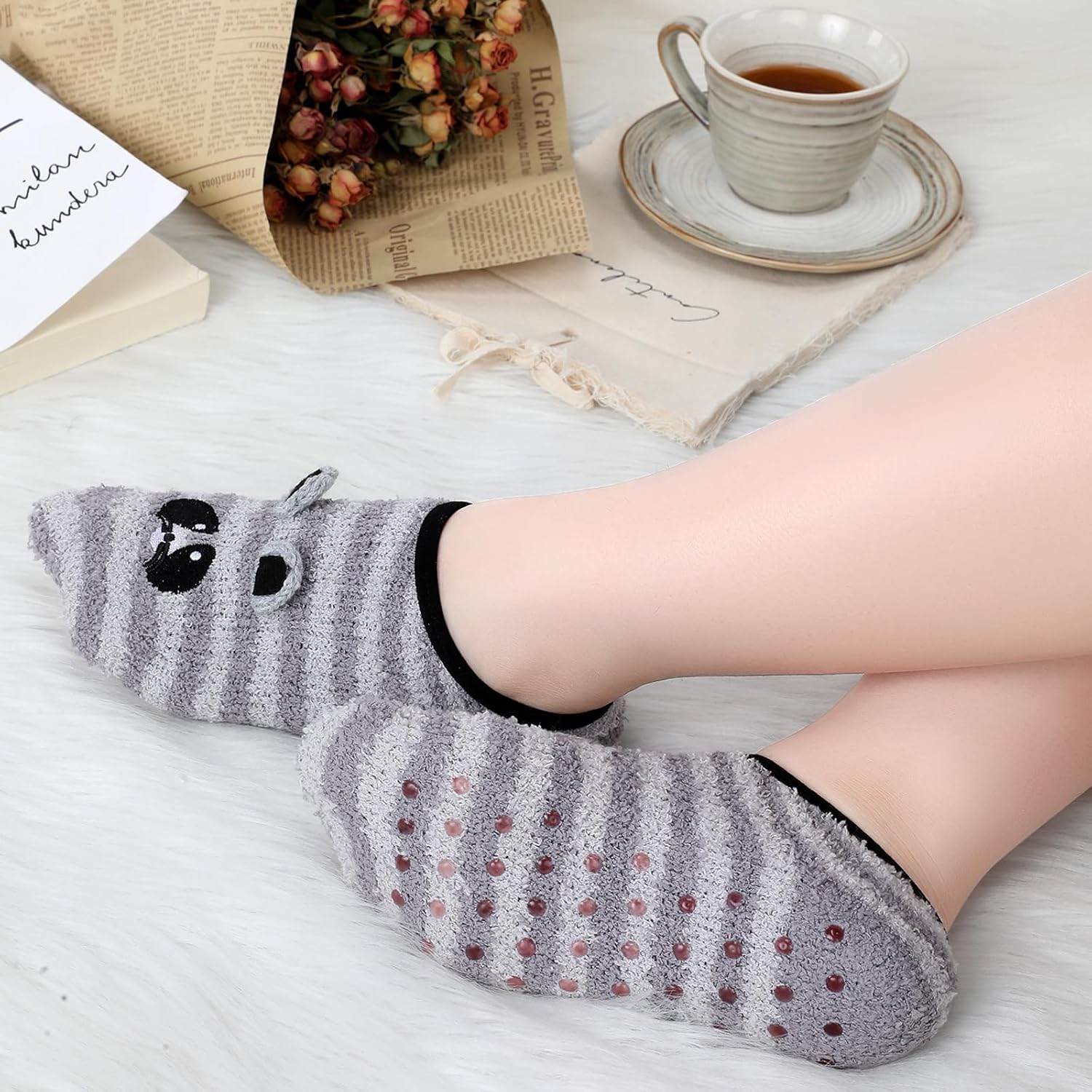 Suhine 6 Pairs Women's Slipper Socks Non Slip Fuzzy Slipper Socks with Grippers Animal Fuzzy Socks Grip Socks, One Size