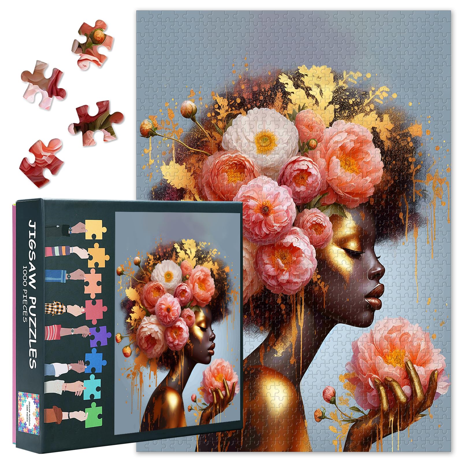 1000 Pieces Puzzles for Adults, Black Girl Puzzle, Abstract art of Portraits of African Women with Flowers Jigsaw Puzzles 1000 Pieces, Creative Play Holiday Party Gifts Artwork 27x20 inches