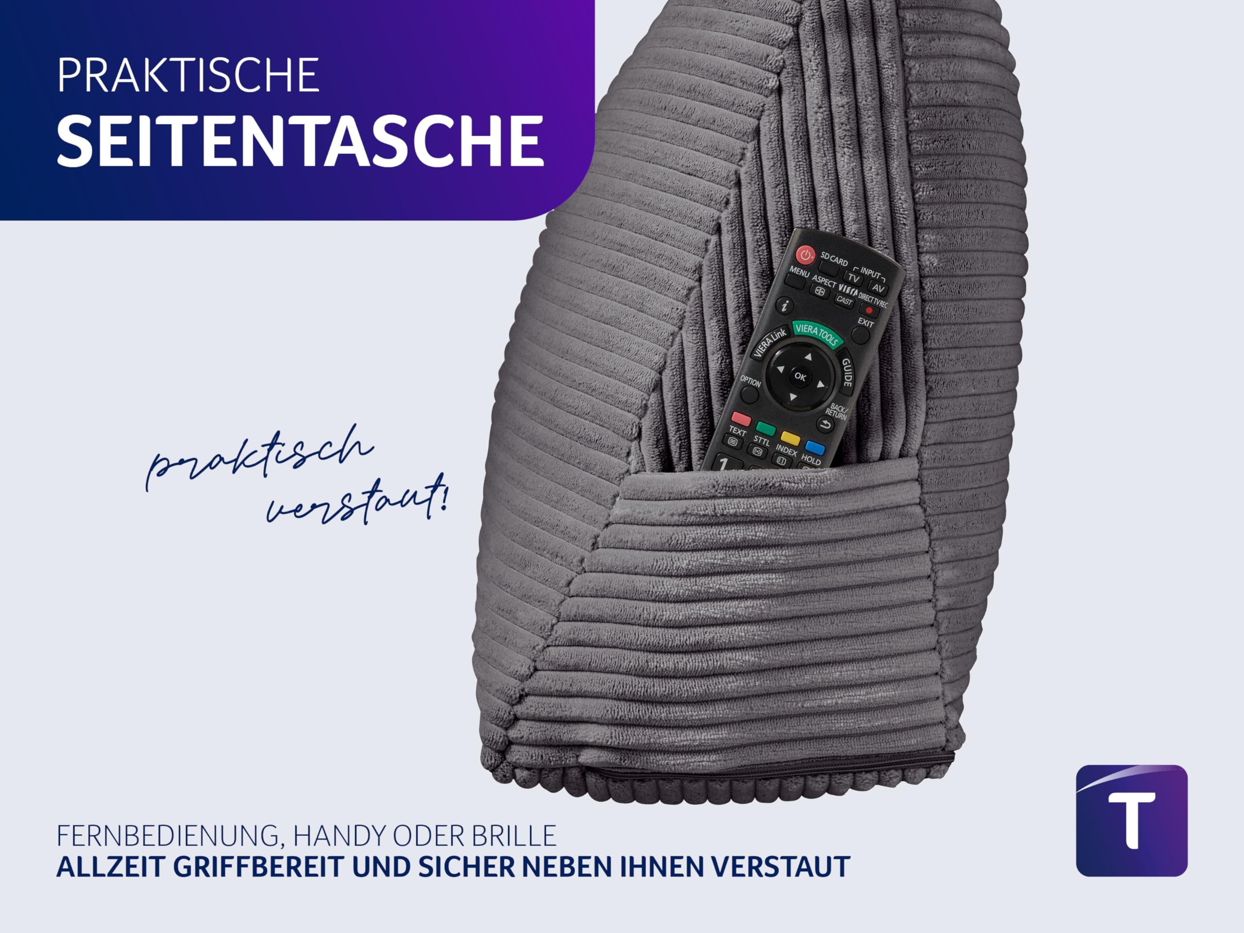 Traumnacht Cozy Rückenkissen, Lesekissen,70x40cm, dunkelgrau,abnehmbarer,waschbarer Bezug aus gemütlichem Kord, praktisches Seitenfach, Öko-Tex zertifiziert,produziert nach deutschem Qualitätsstandard