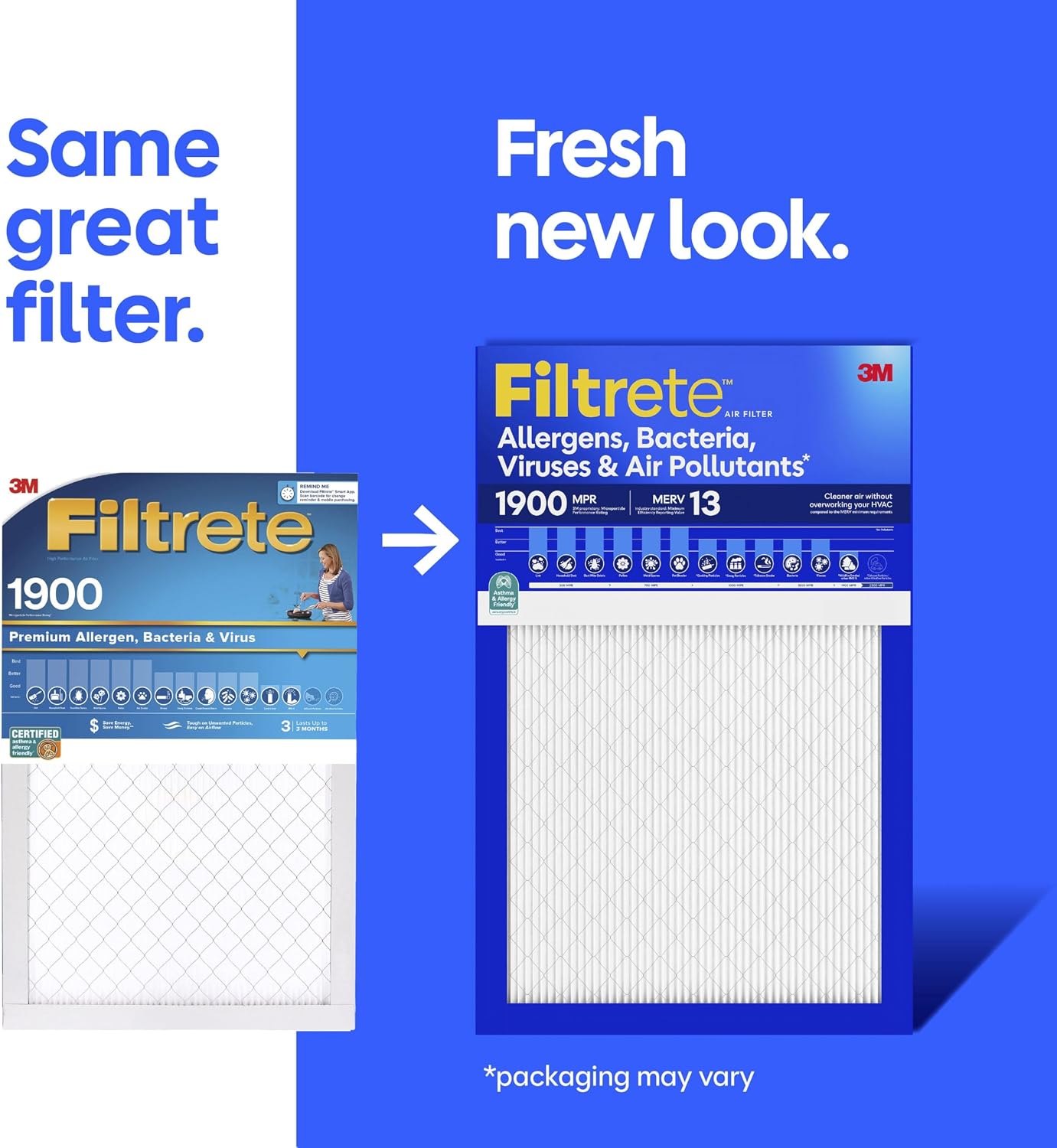 Filtrete 24x24x1 Air Filter, MERV 13 MPR 1900, Allergens, Bacteria, Viruses & Air Pollutants, 3-Month AC/Furnace Filters, Cleaner Air Reliable Airflow, 6 HVAC Filters(Act Size 23.81x23.81x0.78 in)
