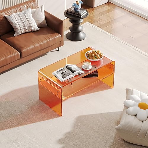 Miniatura 2 de Mesa auxiliar acrílica, mesa auxiliar rectangular de acrílico naranja, mesa de té moderna con almacenamiento abierto, mesa auxiliar de acrílico para