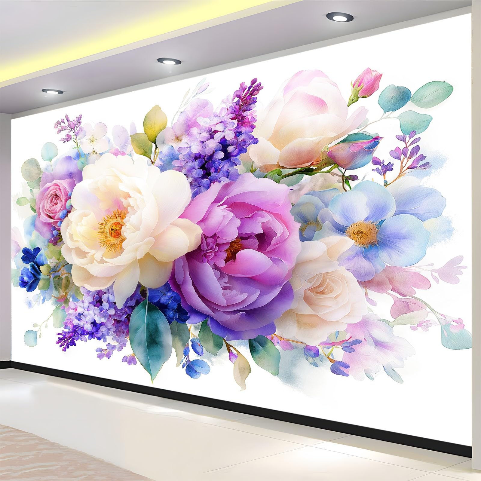 Générique Panoramiczna tapeta 3D akwarela roślina kwiat piwonia róża jasnoszary 350 x 256 cm, tapeta z włókniny - fresk ścienny do salonu, sypialni i biura, dekoracja ścienna druk HD