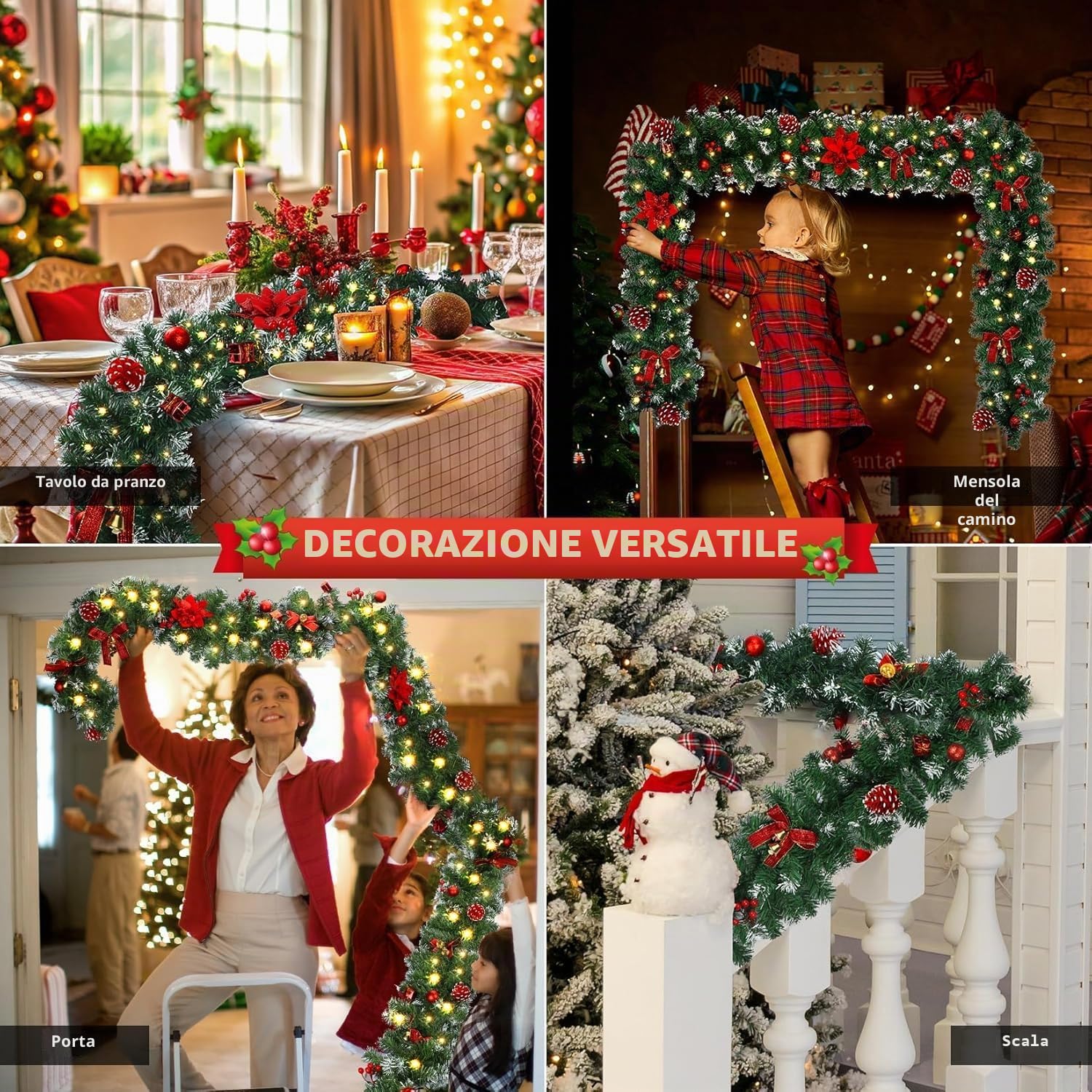 Ghirlanda Natalizia con Luci,2.7M LED Ghirlanda Natalizia per Porta Scale Camino Albero Di Natale Esterno Decorazioni,Festone Natalizio Rami Natalizi Decorazioni Natalizie per la Casa Interno