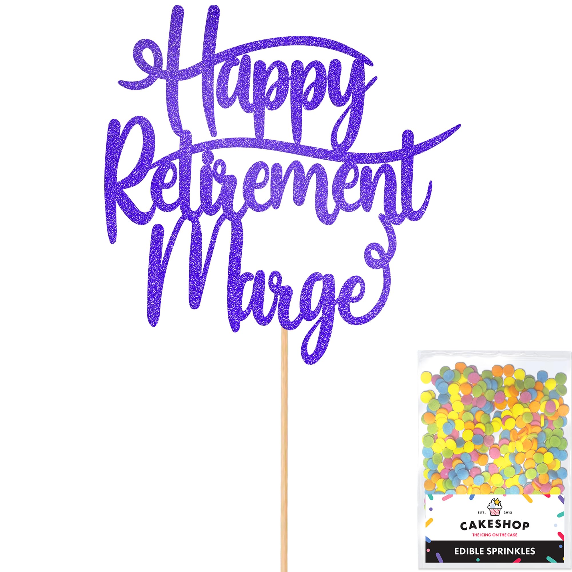 Cakeshop Personalised Happy Retirement Glitter Cake Topper With Sprinkles - Bright Blue Custom Colour - Any Name - Double-Sided Glitter Card Cake Decoration - Custom Toppers for Cakes