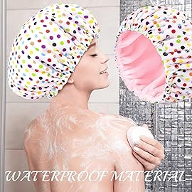 Shower Cap for Women Terry Lined Bath Cap Large Reusable Waterproof Elastic Band Pink Point Shower Caps for Long Thick Hair Soft Bath Shower Hair Caps