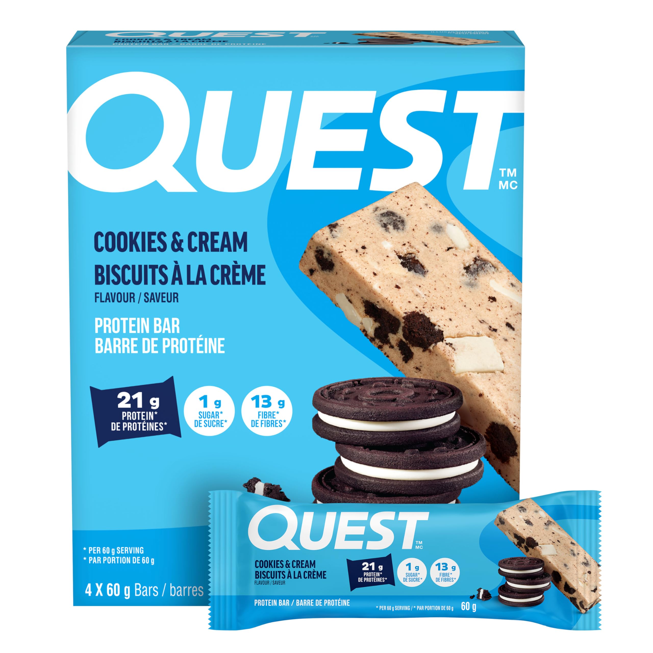 Quest Nutrition Cookies & Cream Flavour Protein Bar, High Protein, High Fibre, Low Sugar, Keto Friendly, 21g Protein, 1g Sugar, 4ct - 2