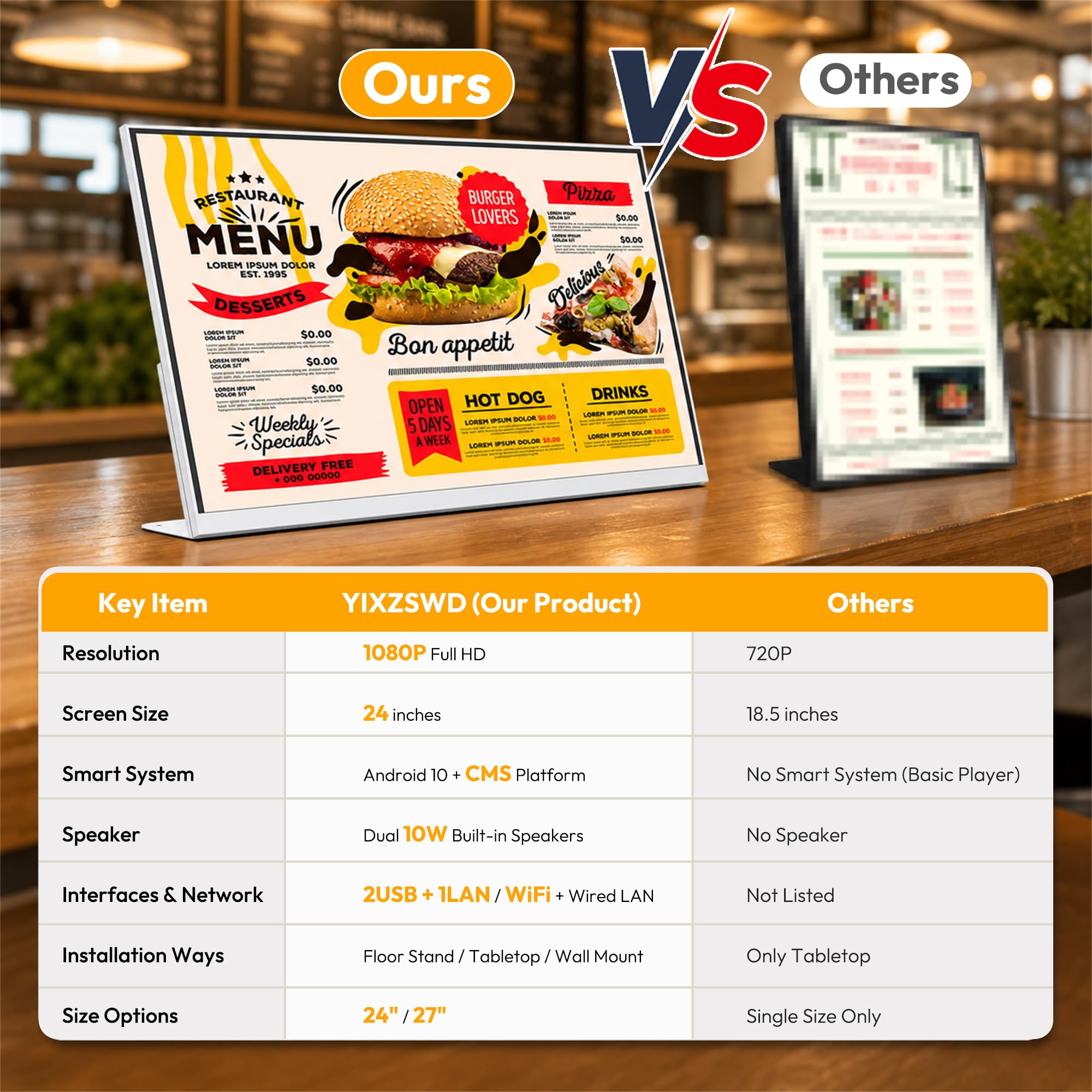 Cyfrowa tablica menu, 61 cm, monitor sklepu detalicznego HD Digital Signage, ekran reklamowy Android z CMS, elektroniczny wyświetlacz menu do sklepu z herbatą mleczną / restauracji