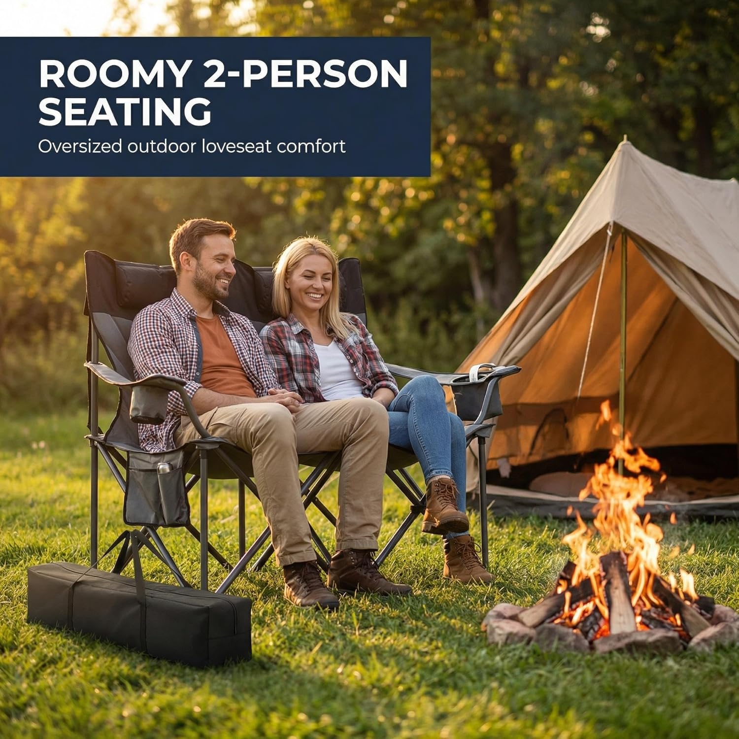 Oversized Double Camping Chair for 2 Adults, Heavy Duty Folding Outdoor Loveseat with High Back, Padded Seat, Headrests, Cooler Pouch, Cup Holders, Portable Camp Couch for Camping Beach Backyard