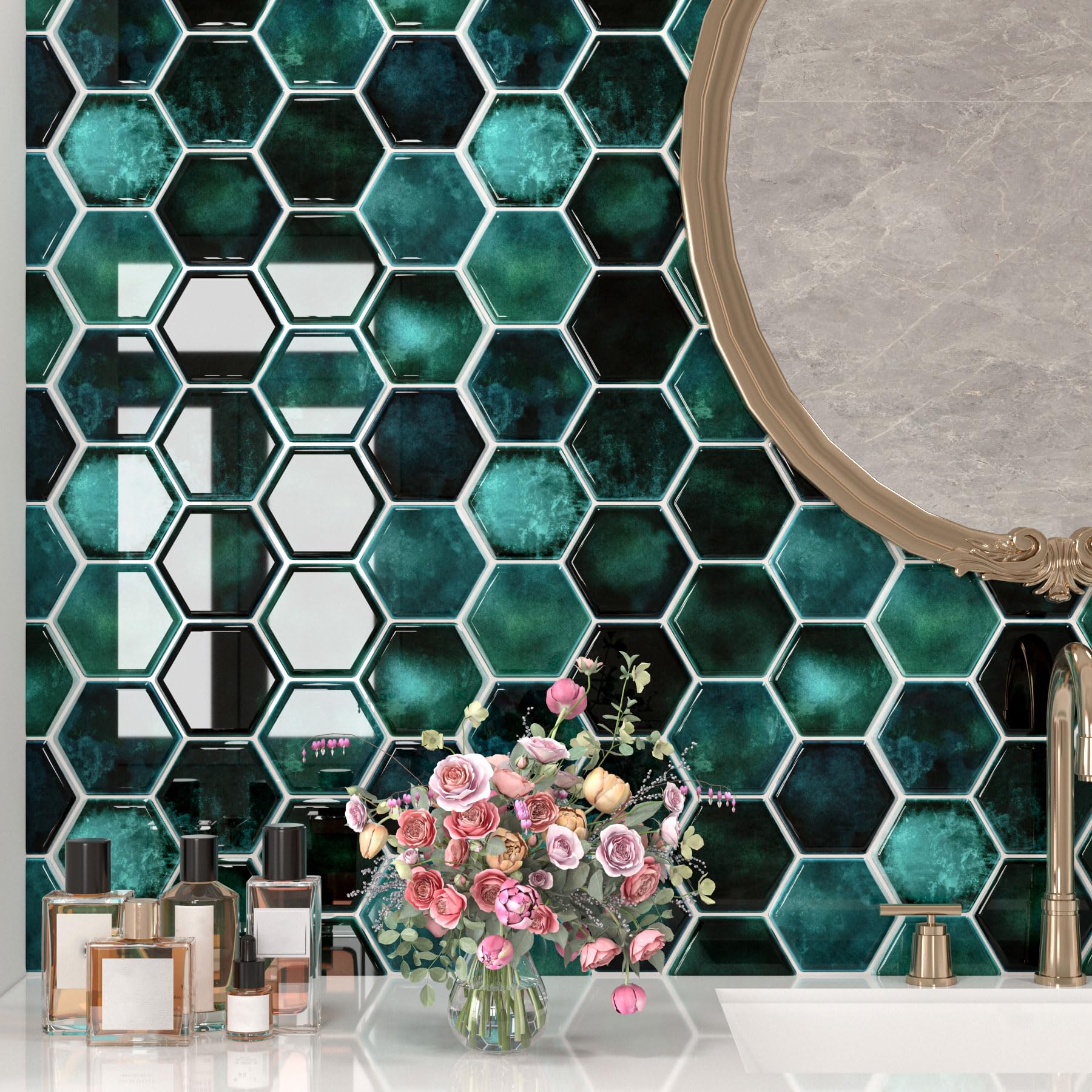Decotalk Pegatinas para Azulejos Autoadhesivas Geométricas Verde Hexagonal 30.5X30.5cm 15 piezas, Azulejos Adhesivos para la Cocina