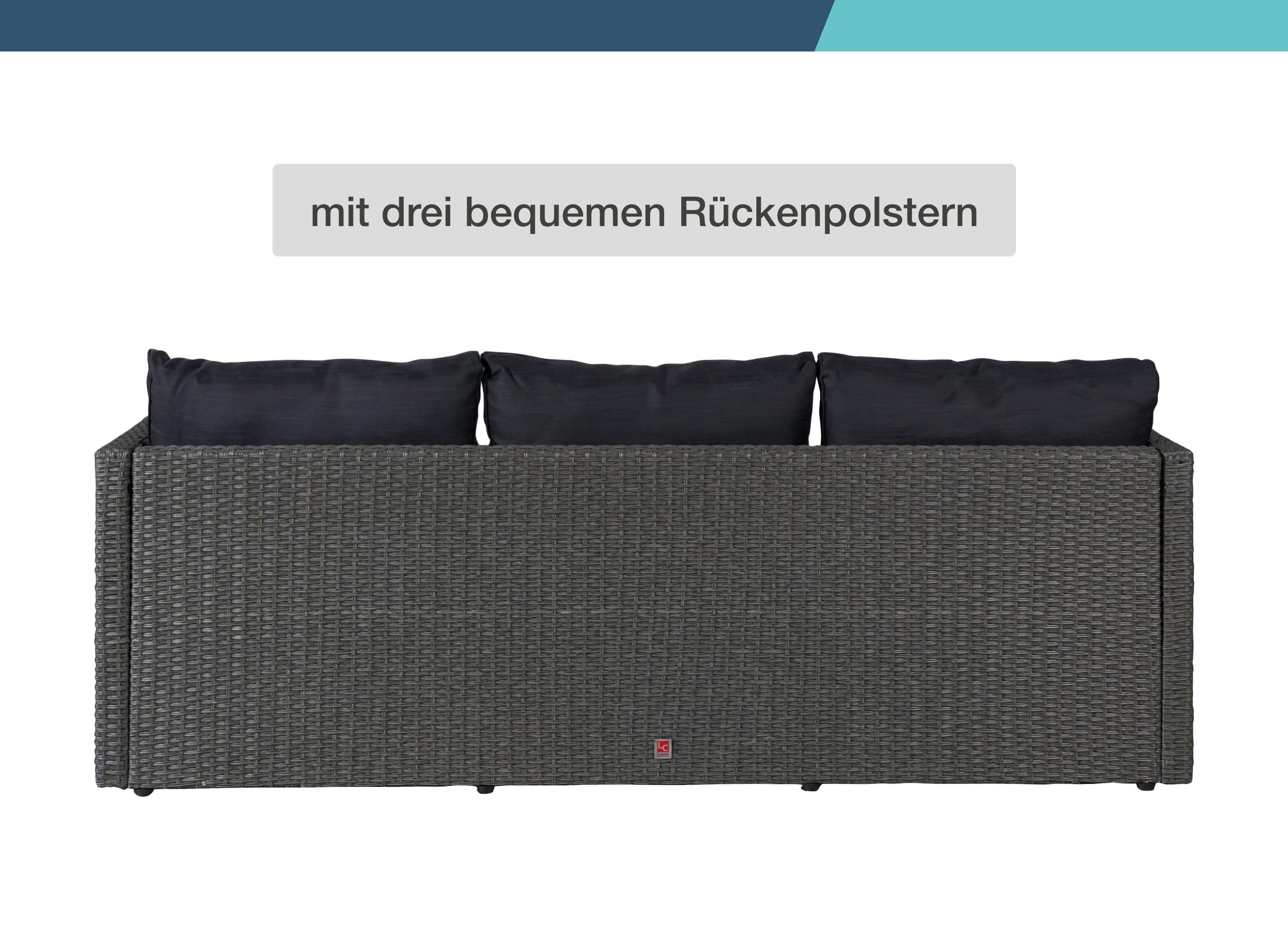 LC Garden Loungino Polyrattan Lounge grau-Mix für 3-4 Personen, Balkonmöbel Sitzgruppe mit Tisch + Hocker, Gartenlounge, Ecksofa für Balkon + Terrasse