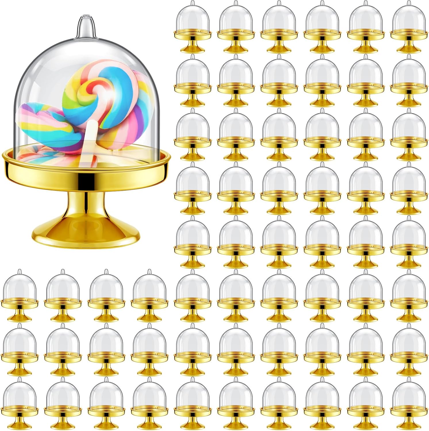 Tessco for you 60 Pcs Plastic Mini Cake Stand with Dome Lid Cover Clear Small Cupcake Display Holder Crystal Pedestal Stand Chocolate Candy Dessert Containers for Wedding Birthday Party (Gold)