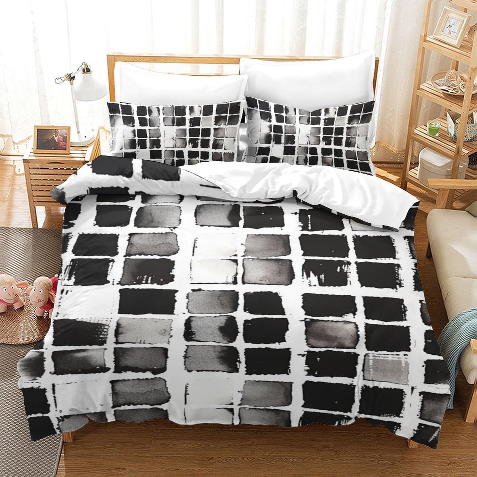Housse de couette 140x200 microfibre : parure de lit 3 pièces à rayures stripes avec 2 taies
