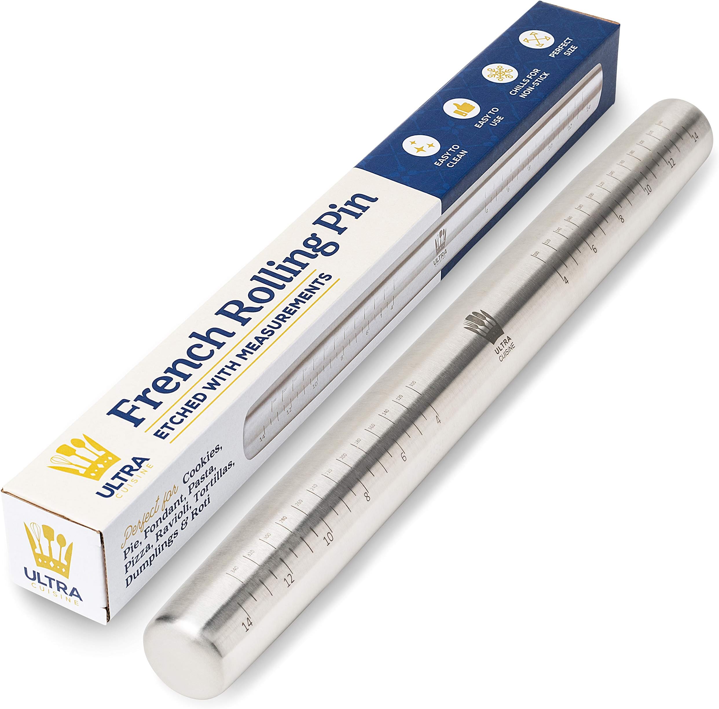 French Rolling Pin for Baking – Tapered Stainless Steel Design with Measurements, Professional or Home Use with Pizza, Cookie, & Pastry Dough, or Fondant and Pie Crust – Dishwasher-Safe