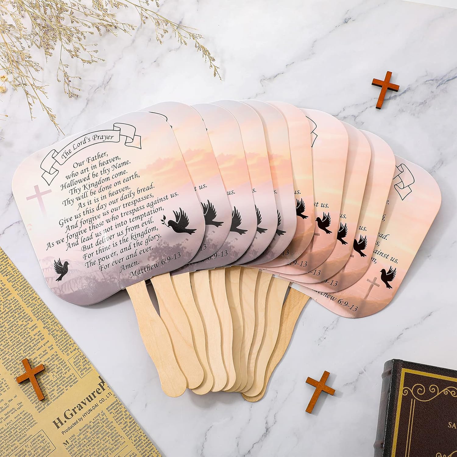 Qeeenar 50 Pcs Christian Church Fans Religious Handheld Fan the Lord's Prayer Hand Held Parlor Fans Thick Paper Fans with Wooden Handle Hand Fans for Church Services Women Men Decoration Gift 2 Styles