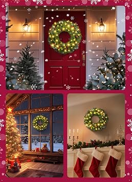 Brightown 24 Inch Pre-Lit Artificial Christmas Wreaths for Front Door, Battery Operated Christmas Wreath with 50 LED Lights, Lighted Wreath for Front Door Wall Window