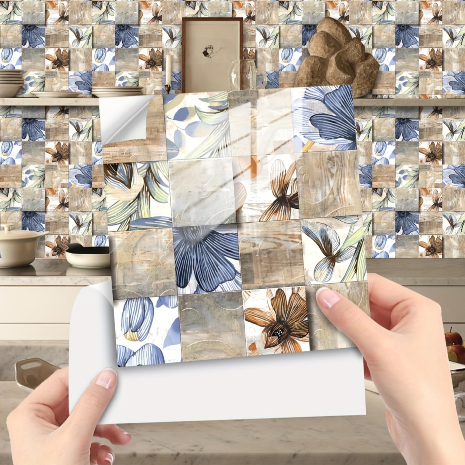 Retro Tile Stickers 10/15/20/30cm, 10Pcs Self-Adhesive Moroccan Wall Tiles, Waterproof Peel & Stick Vinyl for Kitchen Splashback Bathroom Floor Stairs (30x30cm-10pcs,FMB-676)