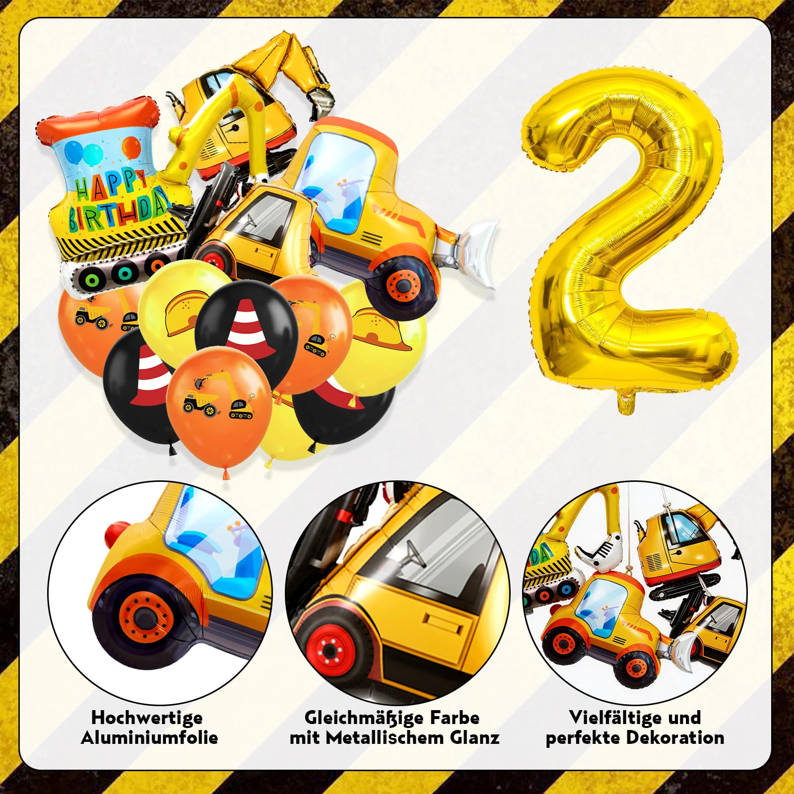 Bagger Deko Kindergeburtstag 2 Jahre, Bagger Baustelle Partygeschirr mit Luftballons Pappteller Tischdecke Tortendeko für Geburtstag Junge Mädchen 2 Jahre, 16 Gäste - 3