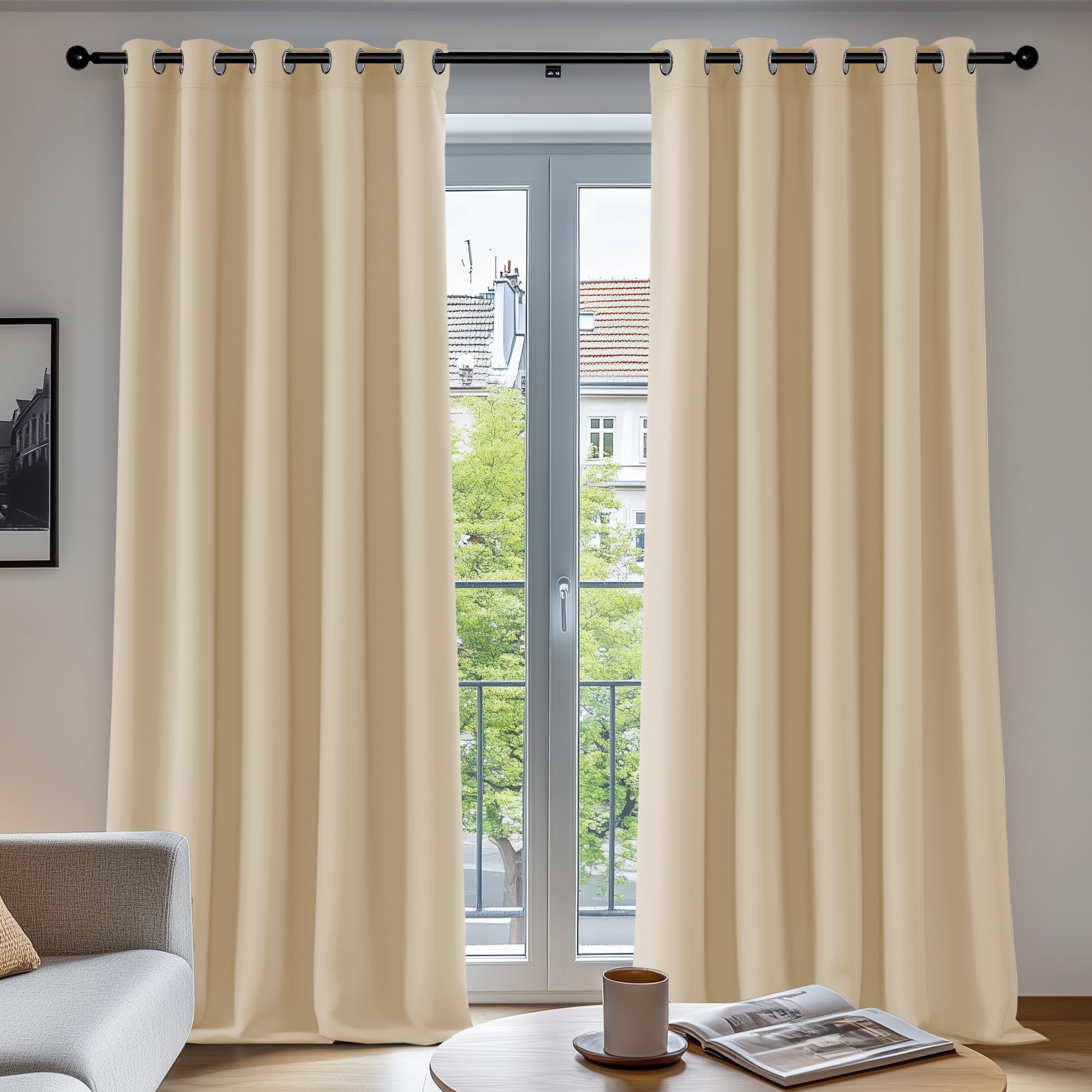 Deconovo Blackout Curtains Eyelet, Super Soft Thermal Insulated Noise Redudcing Bedroom Curtains for Living Room, 66 x 90 Inch, Biscotti Beige, 2 Panels — image 1