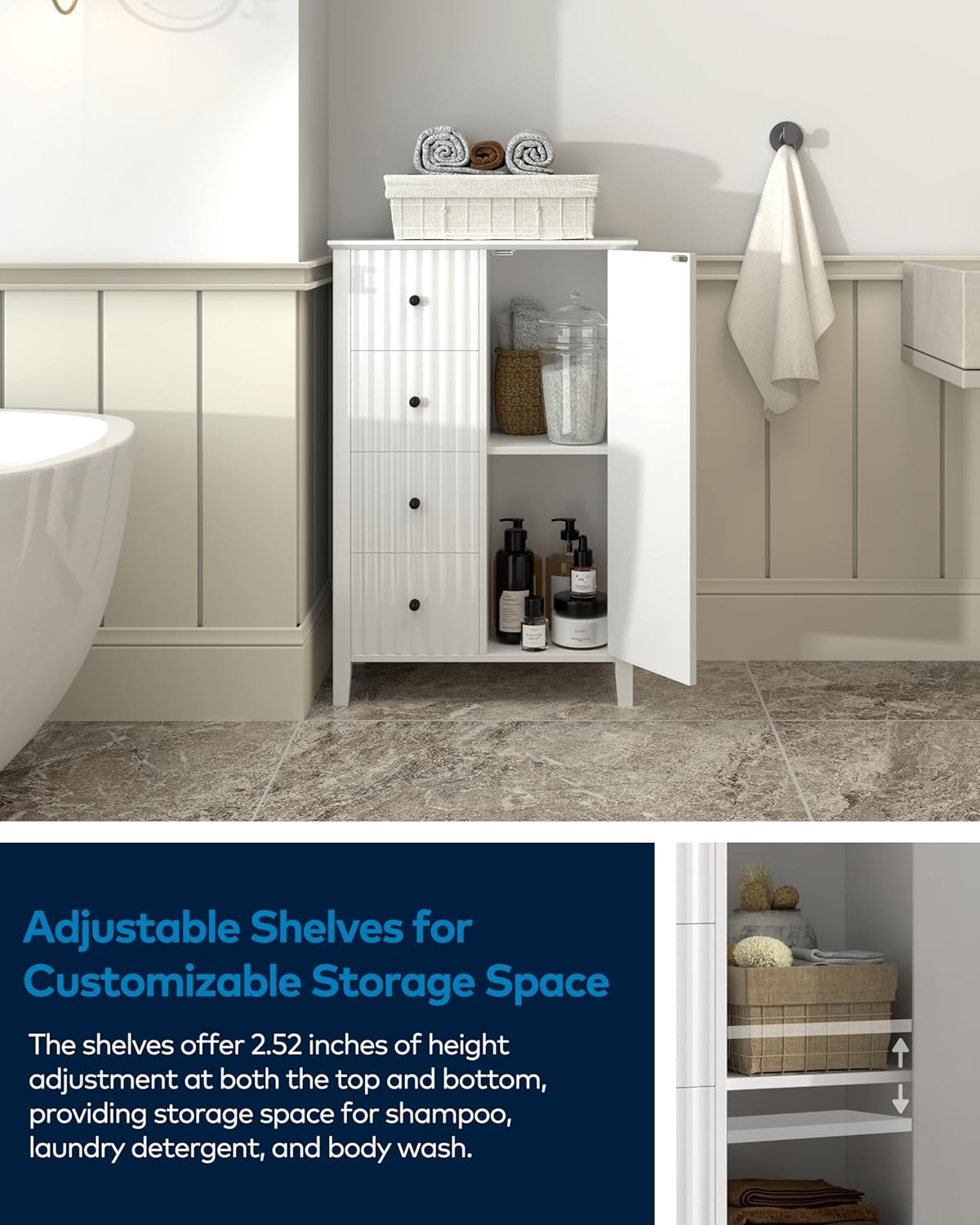 Bathroom Organizer with 4 Slide-Out Trays & Adjustable Shelf – Wood Floor Stand for Shower Supplies, Toiletries & Bath Accessories, Moisture-Resistant, Compact 21.4" W x 11.8" D x 32.2" H (1PCS White)