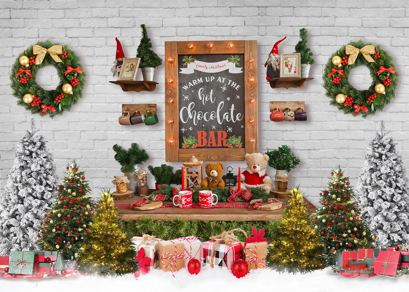 DULUDA 8x6 FT Christmas Winter Hot Cocoa Backdrop Indoor Bar Hot Chocolate Xmas Tree Christmas Props Theme Decoration Gift Photo Photographic