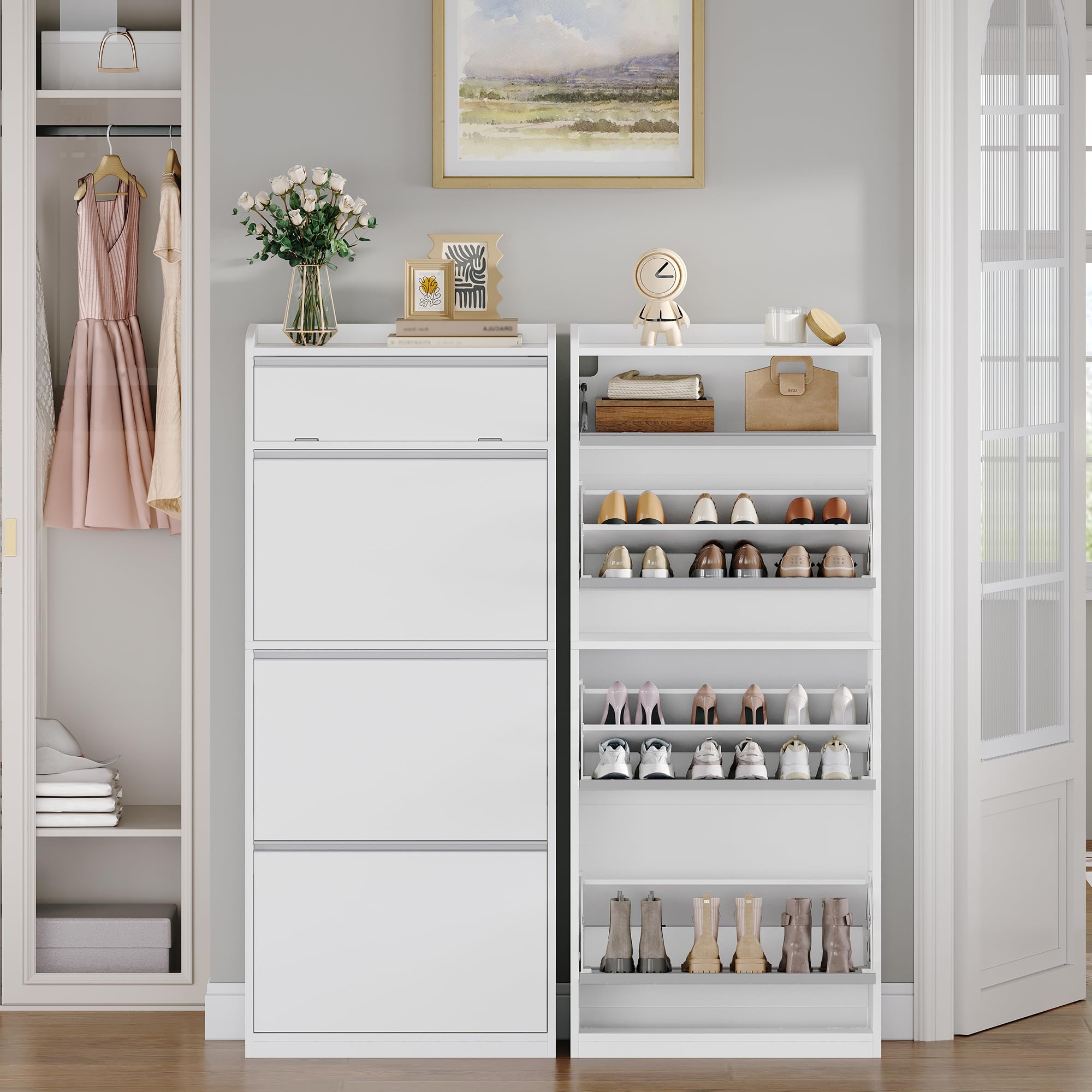 HEXCELEN Zapatero Estrecho con 3 Puertas Abatibles, Mueble para Zapatos con Compartimento Abatible, Separador Ajustable, para 12-18 Pares, para Pasillo, Entrada, 60 x 24 x 145 cm, Blanco