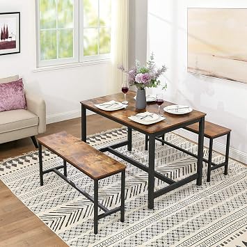 VASAGLE Dining Bench, Pair of 2, Industrial Style, Steel Frame, for Kitchen, Living Room, 12.8 x 42.5 x 19.7 Inches, Rustic Brown + Black,UKTB33X
