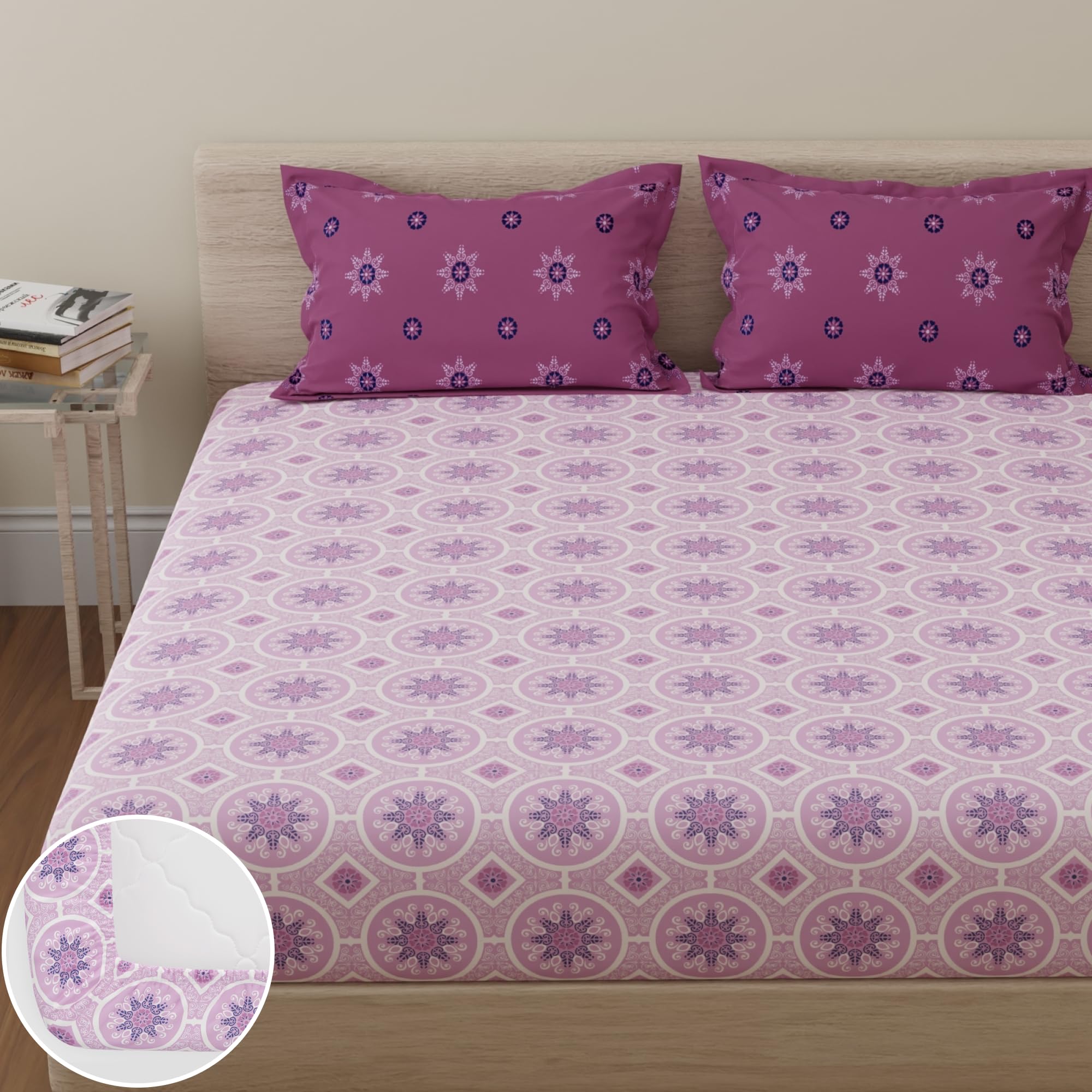 Huesland Cotton Bed Sheets - King Size, Purple & White -12