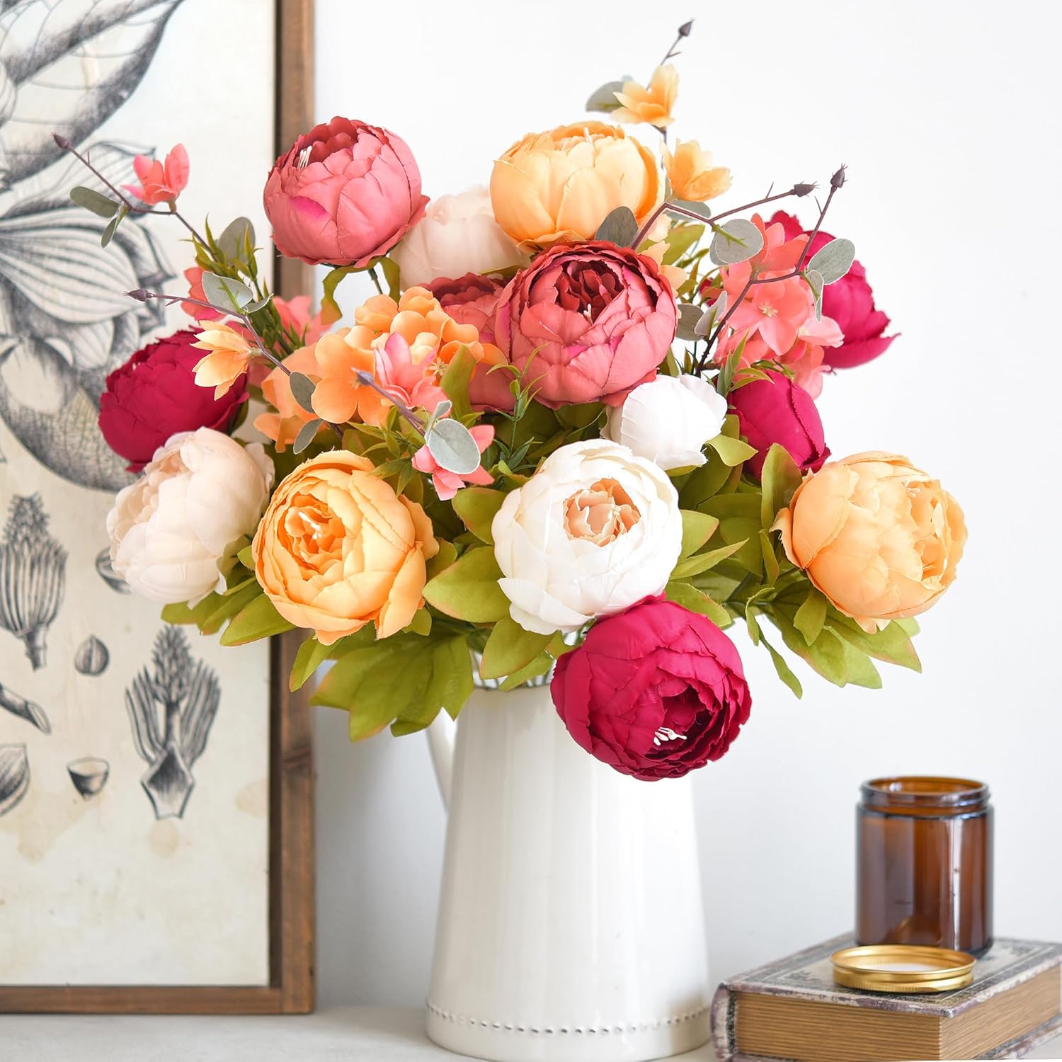 FiveSeasonStuff Artificial Peony Bouquets, 2 Silk Flower Bundles in Peach, Coral, Cream & Burgundy with Hydrangeas for Wedding Centerpieces & Home Decor (Country Delightful)