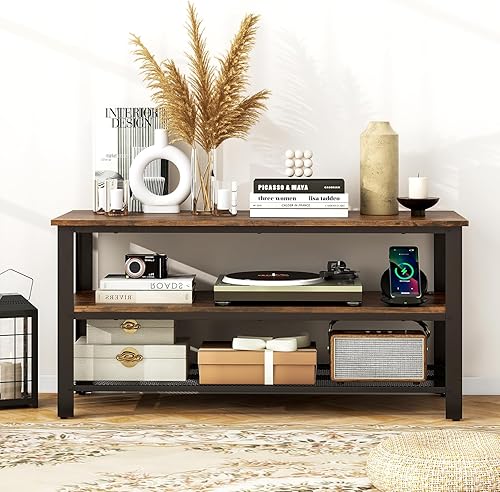 Miniatura 6 de GOFLAME Soporte de TV industrial para TV de hasta 50 pulgadas, centro de entretenimiento rústico de 3 niveles con tomas de corriente y marco de