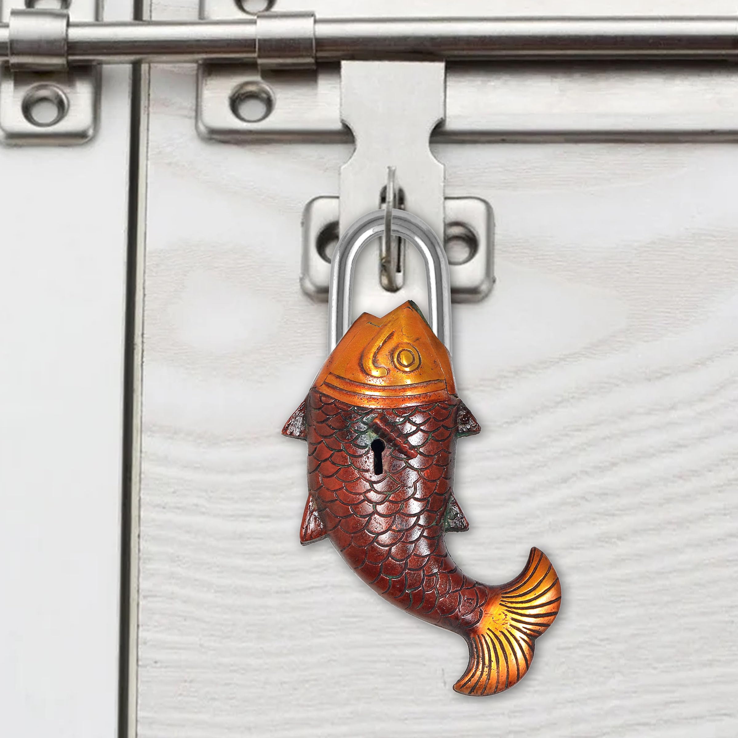 Dattatreya Brass Fish Lock - Antique Style Decorative Padlock with Key Showpiece Home Door Lock Style Lock for Vastu & Décor (Height 7 Inch)